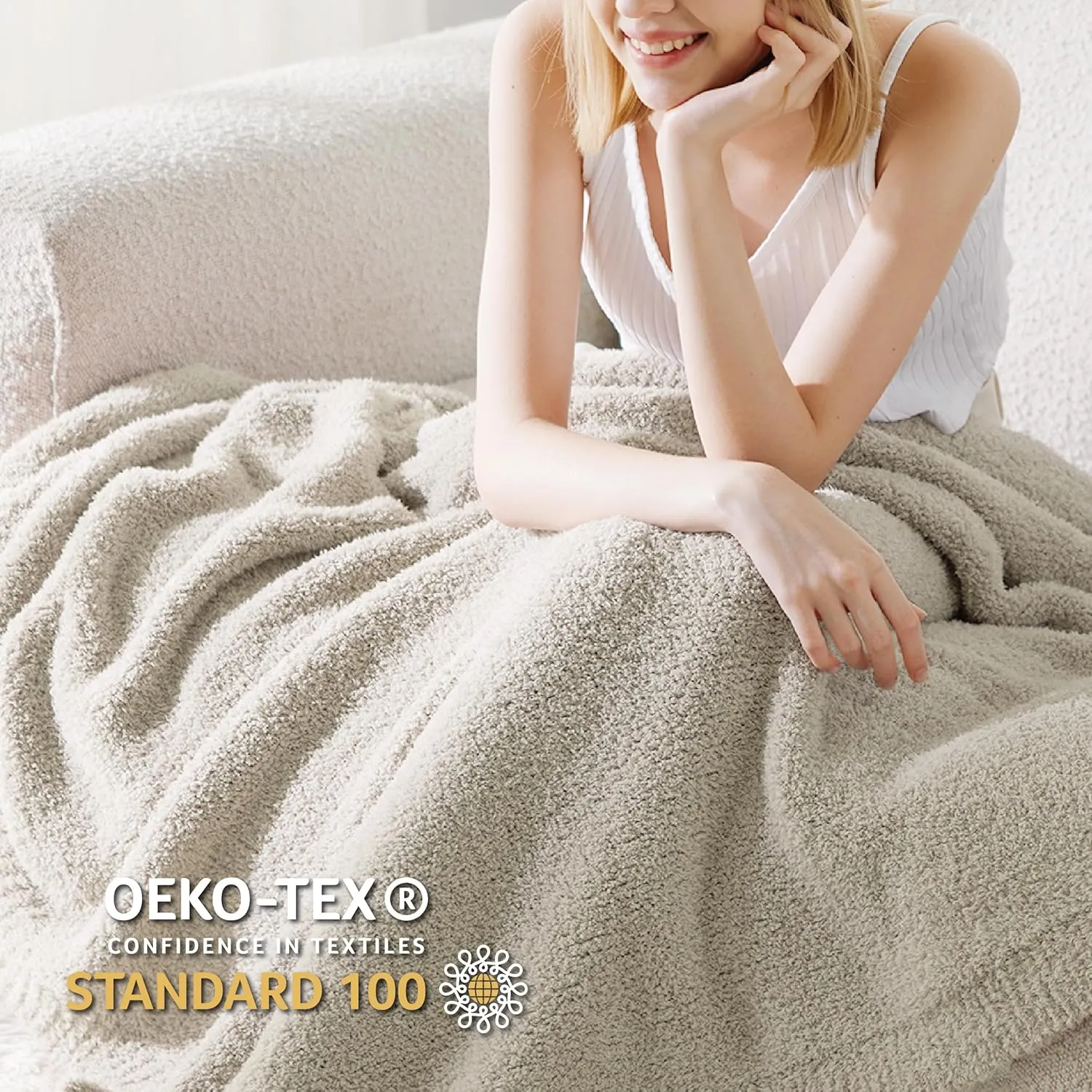 Bedsure Knit Throw Blanket for Couch - Super Soft, Cozy & Warm Fluffy Blanket, Breathable, Lightweight for Bed & Sofa, Beige, 50x60 Inches