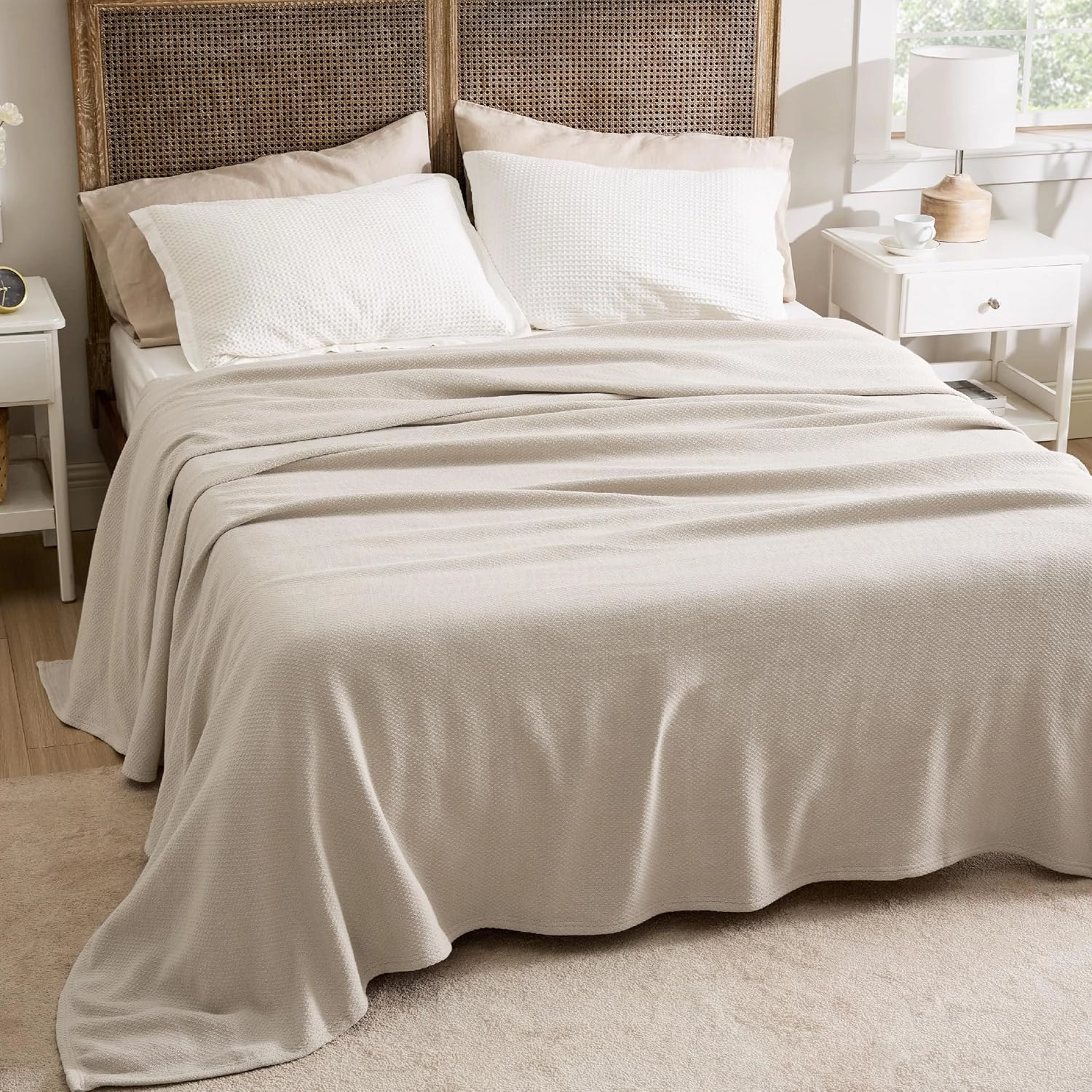 Bedsure 100% Cotton Blanket Queen Size for Bed - Breathable and Lightweight, Soft Cozy Textured Herringbone Woven Blanket for Summer Spring, Linen Beige, 90x90 inches