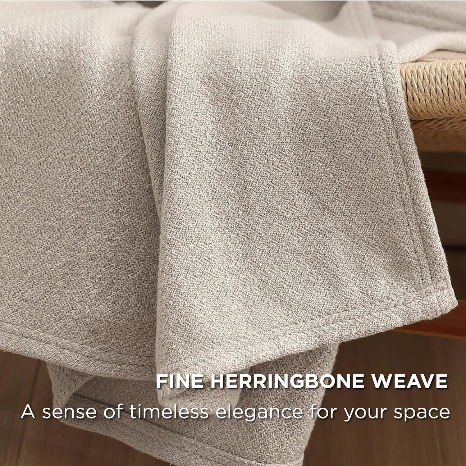Bedsure 100% Cotton Blanket Queen Size for Bed - Breathable and Lightweight, Soft Cozy Textured Herringbone Woven Blanket for Summer Spring, Linen Beige, 90x90 inches