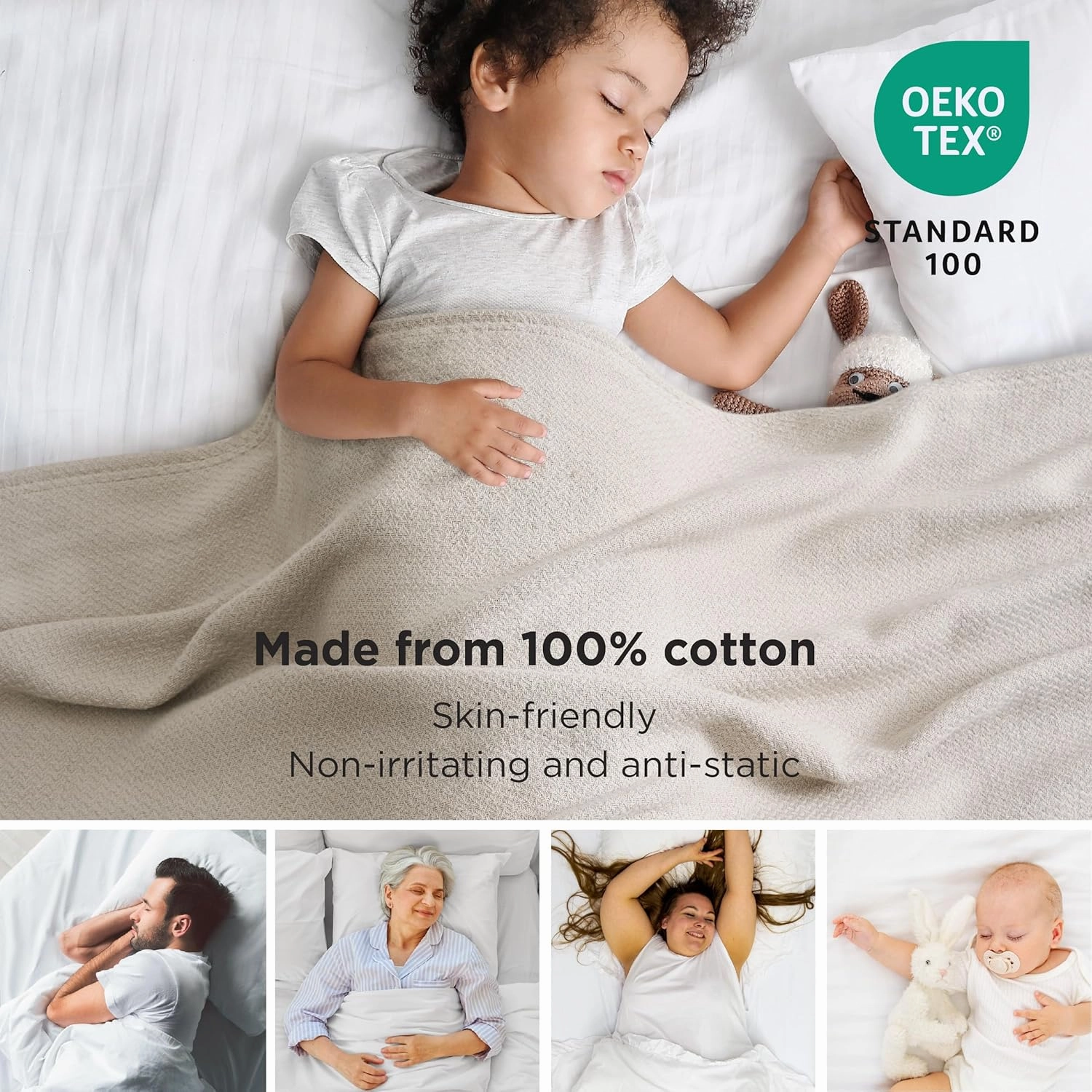 Bedsure 100% Cotton Blanket Queen Size for Bed - Breathable and Lightweight, Soft Cozy Textured Herringbone Woven Blanket for Summer Spring, Linen Beige, 90x90 inches