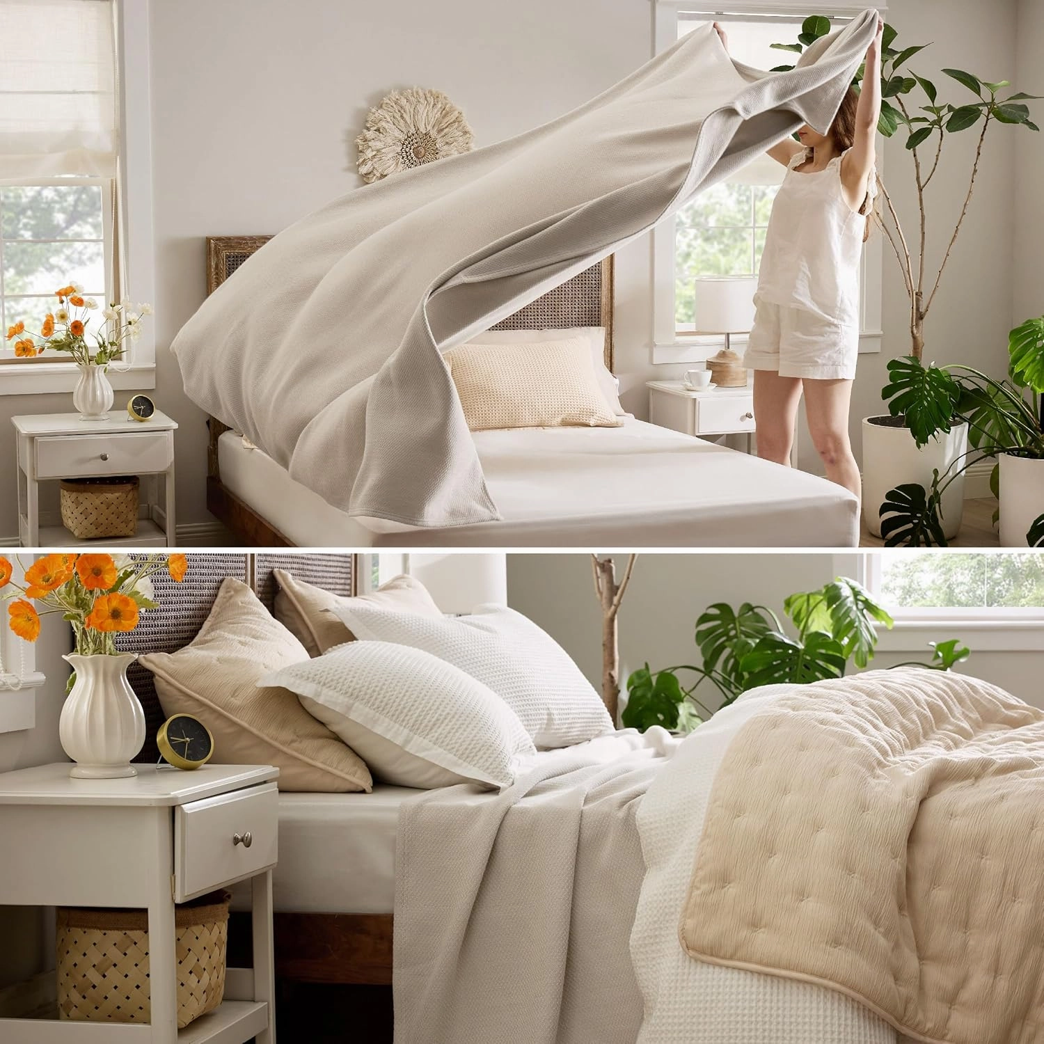 Bedsure 100% Cotton Blanket Queen Size for Bed - Breathable and Lightweight, Soft Cozy Textured Herringbone Woven Blanket for Summer Spring, Linen Beige, 90x90 inches