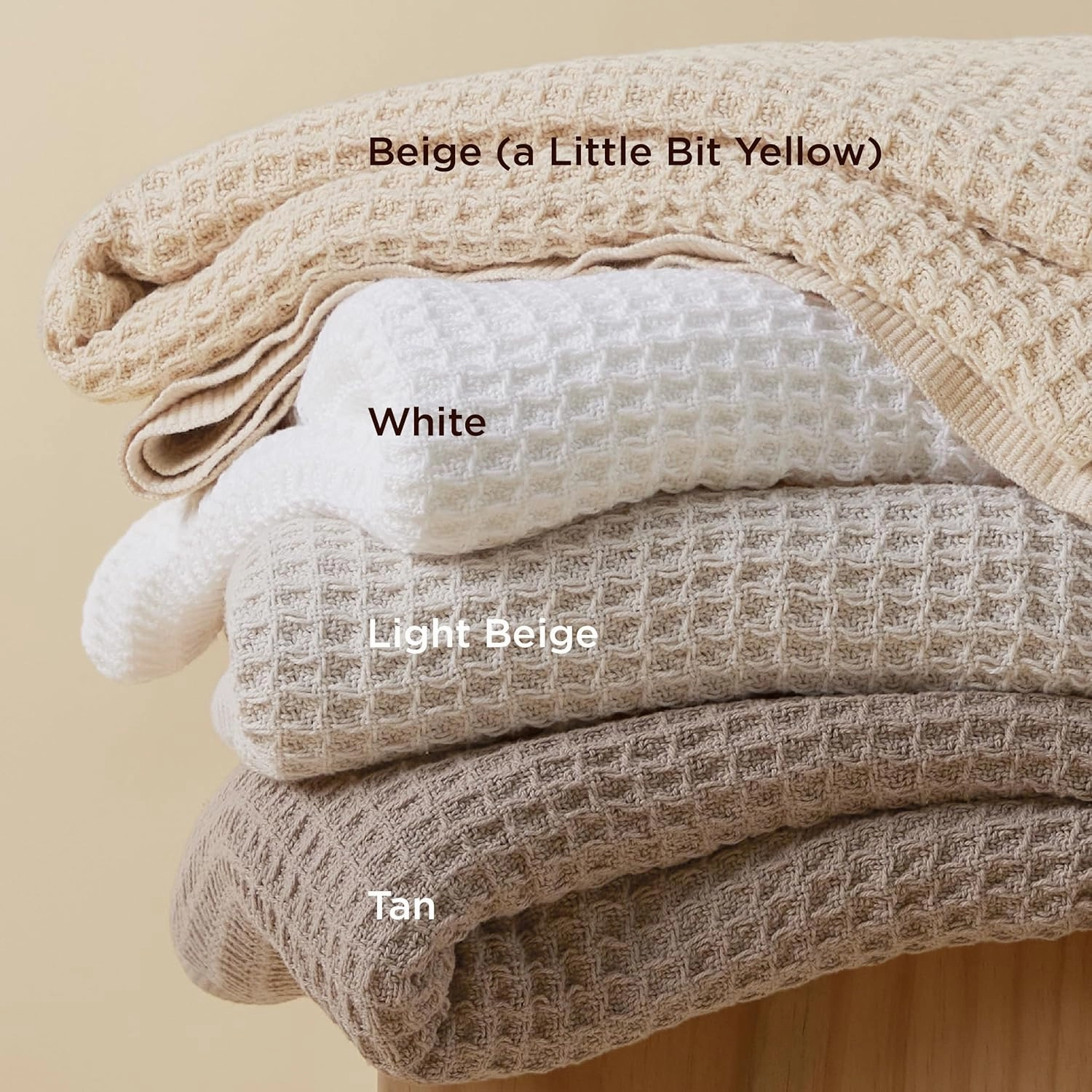 Bedsure 100% Cotton Blanket Queen Size for Bed - Breathable and Soft, Waffle Weave Blanket for Summer Spring, Beige, 90x90 Inches