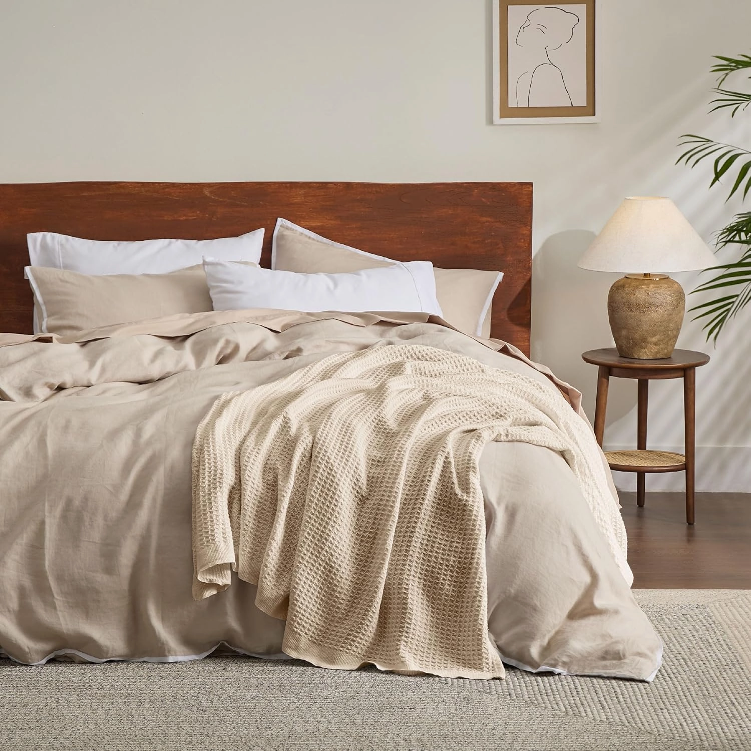 Bedsure 100% Cotton Blanket Queen Size for Bed - Breathable and Soft, Waffle Weave Blanket for Summer Spring, Beige, 90x90 Inches