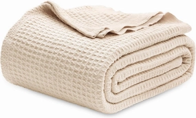 Bedsure 100% Cotton Blanket Queen Size for Bed - Breathable and Soft, Waffle Weave Blanket for Summer Spring, Beige, 90x90 Inches