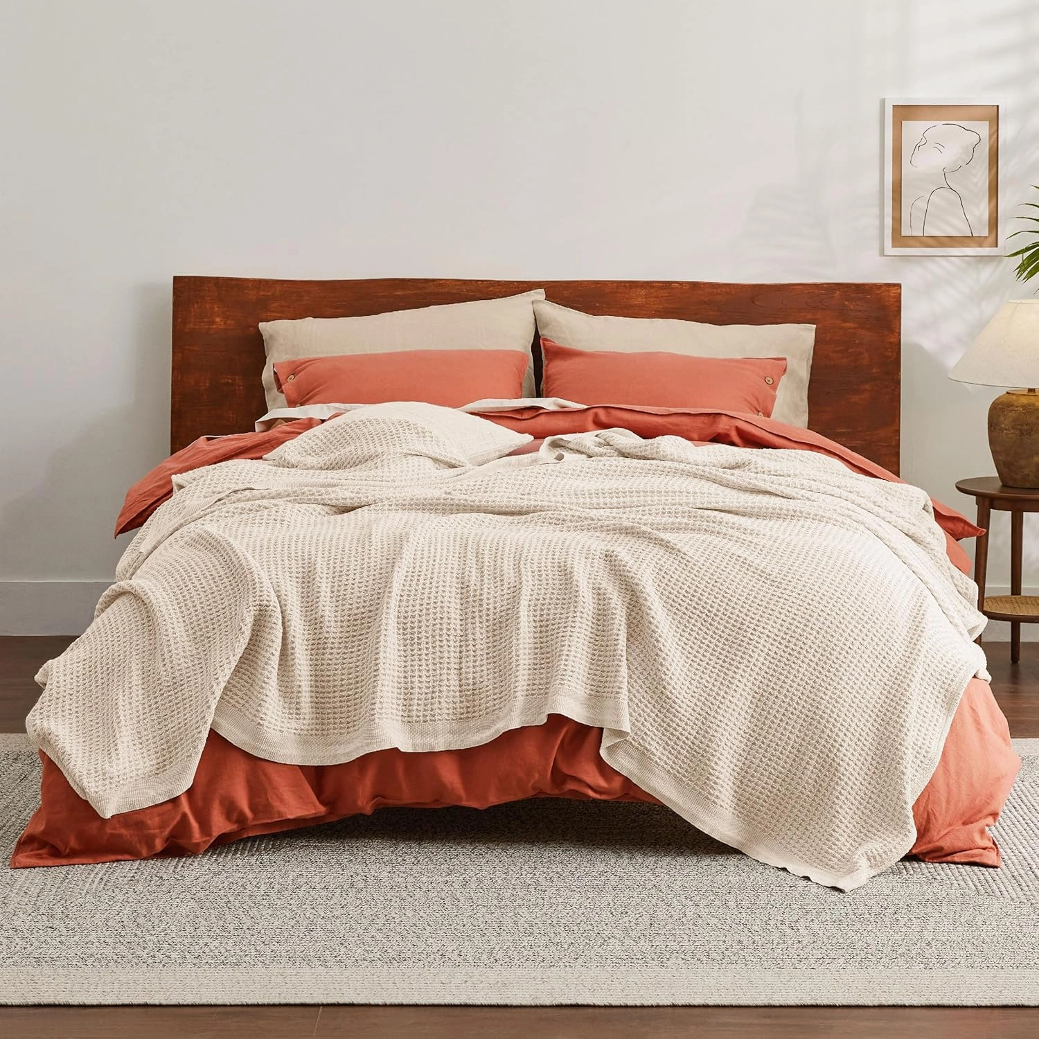 Bedsure 100% Cotton Blanket Queen Size for Bed - Breathable and Soft, Waffle Weave Blanket for Summer Spring, Beige, 90x90 Inches