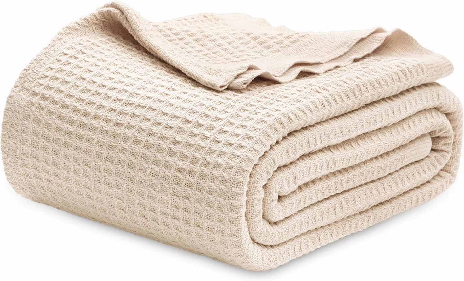 Bedsure 100% Cotton Blanket Queen Size for Bed - Breathable and Soft, Waffle Weave Blanket for Summer Spring, Beige, 90x90 Inches