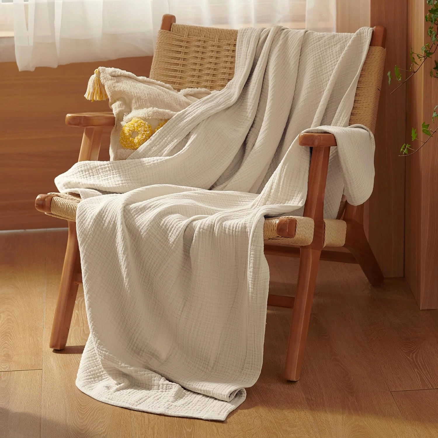 Bedsure 100% Cotton Muslin Throw Blanket Twin XL for Bed - 4-Layer Breathable and Lightweight Thin Soft Gauze Muslin Blanket for Summer, Linen Beige, 66x90 Inches