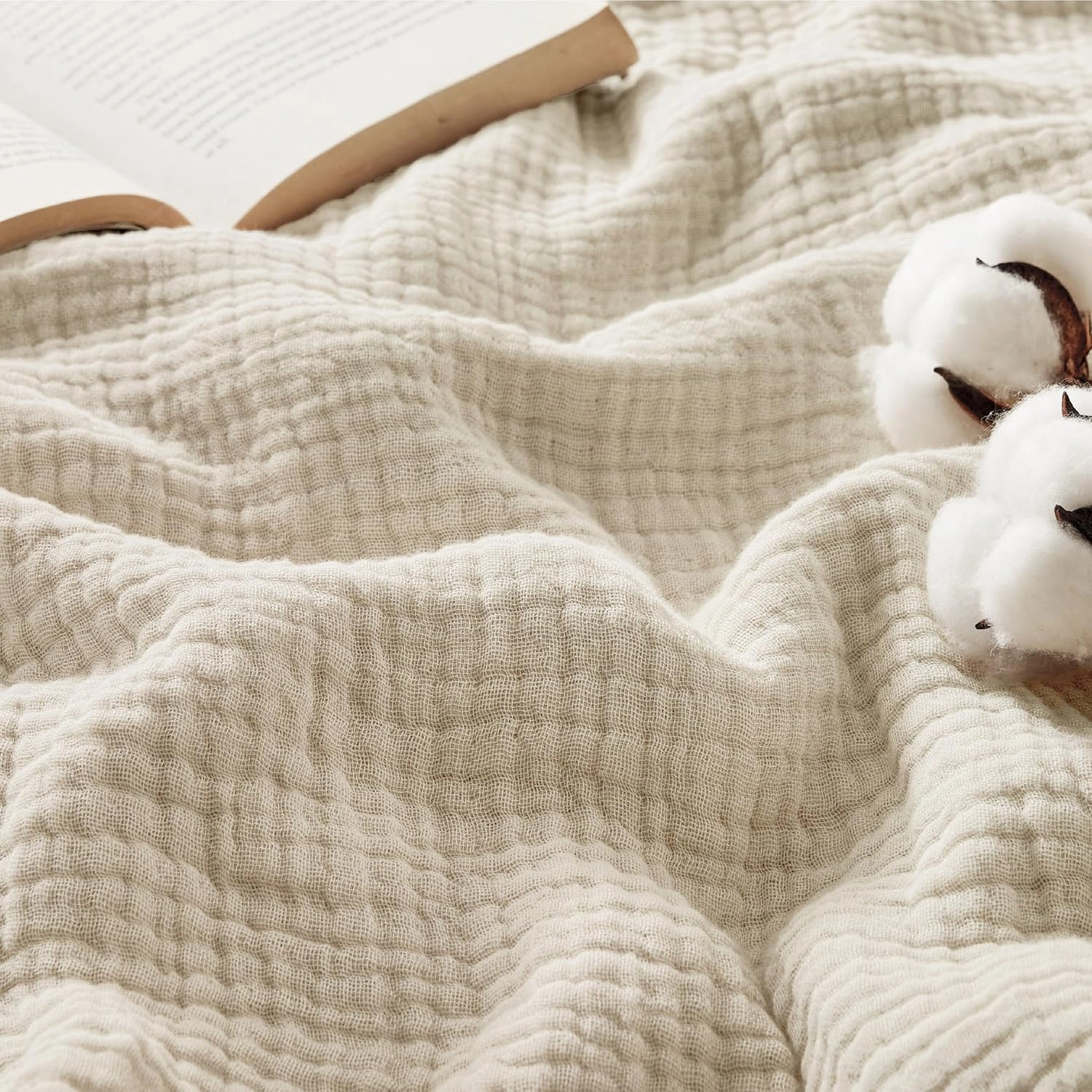 Bedsure 100% Cotton Muslin Throw Blanket Twin XL for Bed - 4-Layer Breathable and Lightweight Thin Soft Gauze Muslin Blanket for Summer, Linen Beige, 66x90 Inches