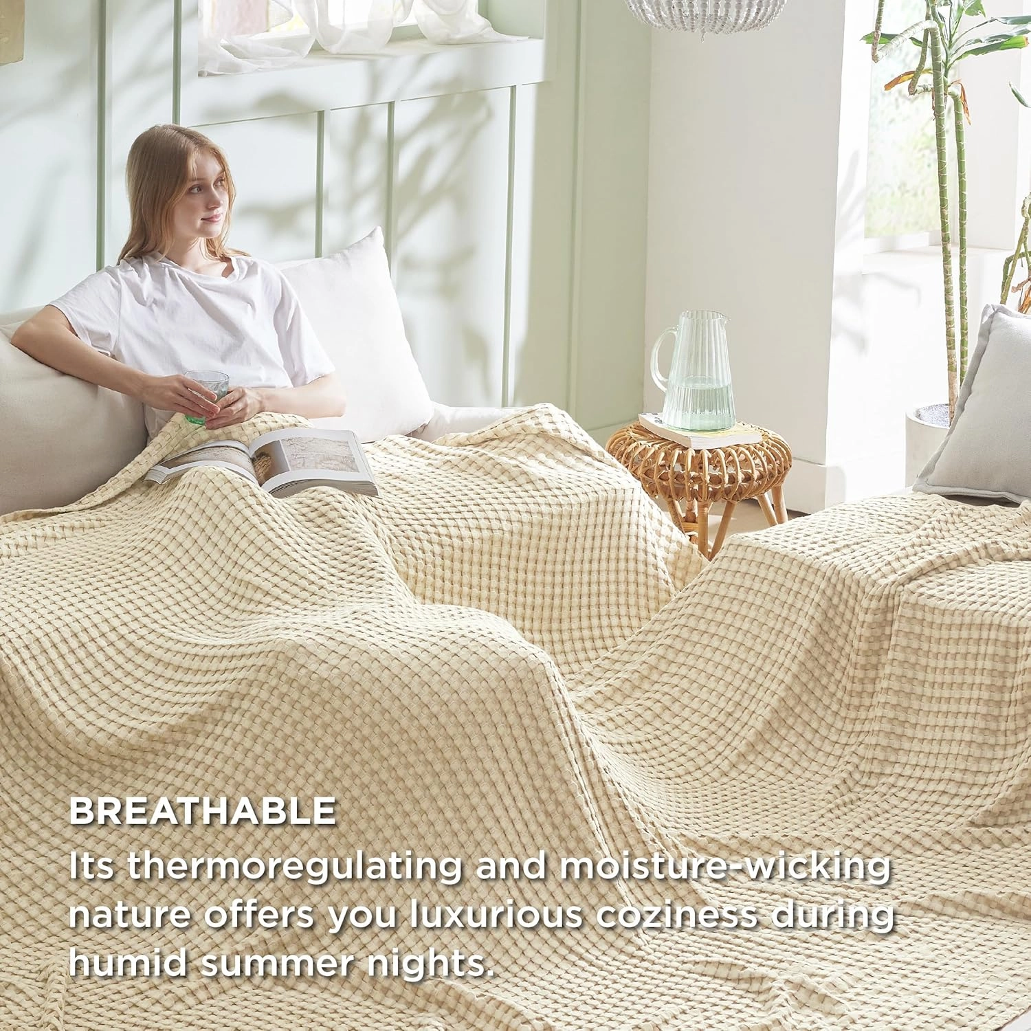 Bedsure Cooling Cotton Waffle Oversized King Blanket - Lightweight Breathable Blankets Rayon Derived from Bamboo for Hot Sleepers, Luxury Throws for Bed and Sofa, Beige, 120x96 Inches