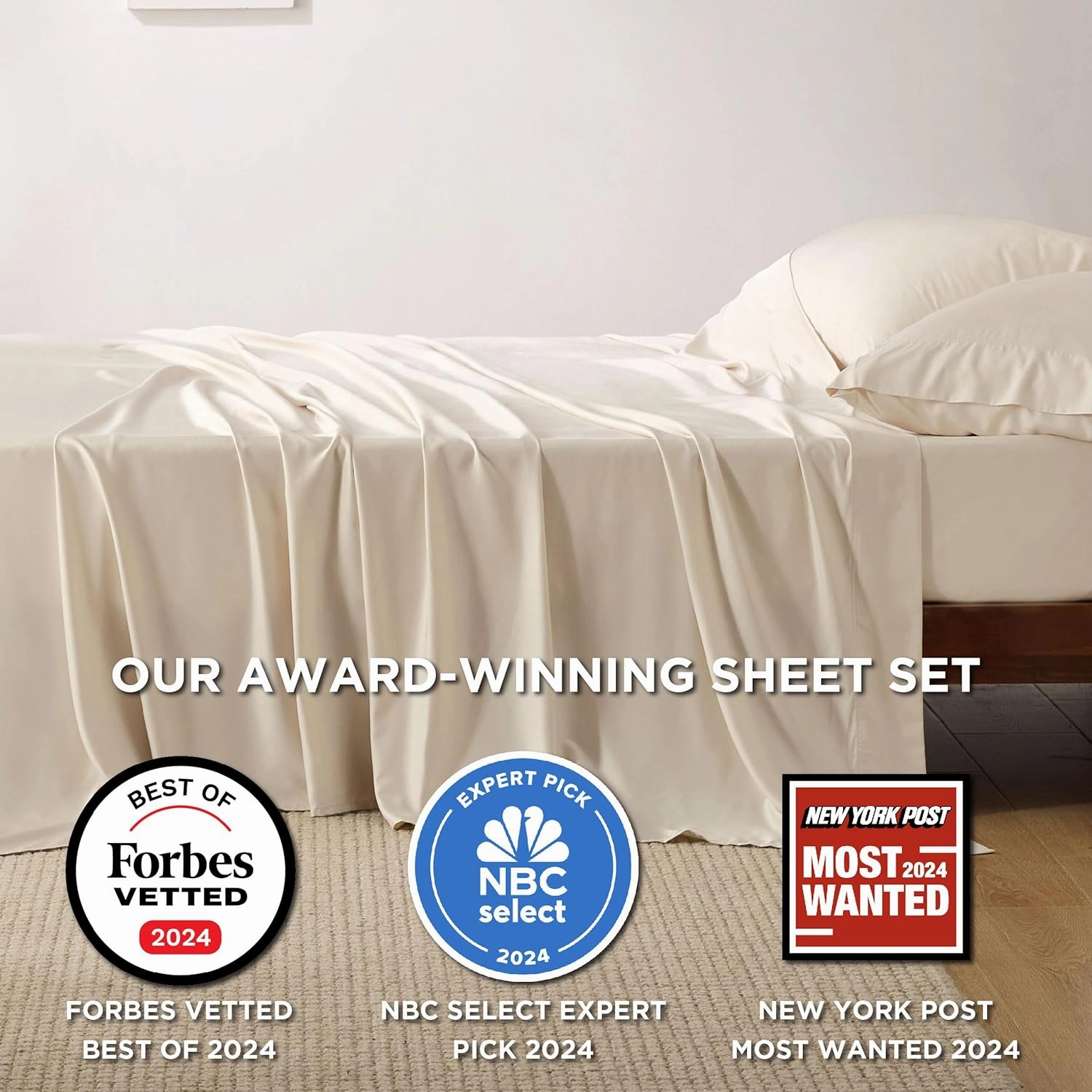 Bedsure Queen Sheet Set, Cooling Sheets for Queen Size Bed Set, Rayon Derived from Bamboo, Breathable & Soft Deep Pocket, Hotel Luxury Silky Bedding, Bedsheet & Pillowcases, Light Beige