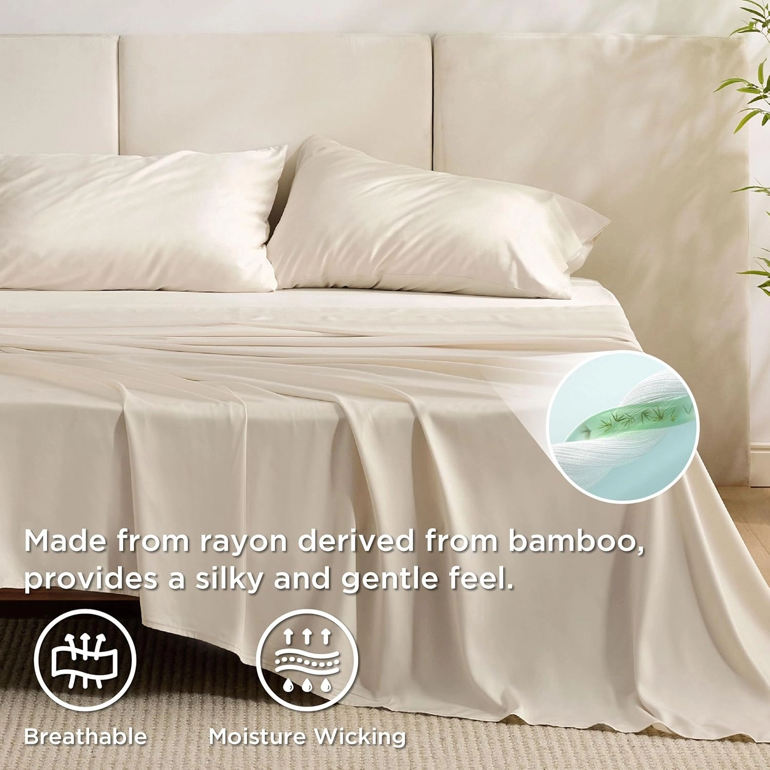 Bedsure Queen Sheet Set, Cooling Sheets for Queen Size Bed Set, Rayon Derived from Bamboo, Breathable & Soft Deep Pocket, Hotel Luxury Silky Bedding, Bedsheet & Pillowcases, Light Beige