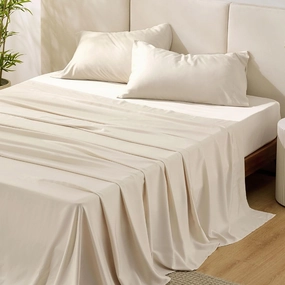 Bedsure Queen Sheet Set, Cooling Sheets for Queen Size Bed Set, Rayon Derived from Bamboo, Breathable & Soft Deep Pocket, Hotel Luxury Silky Bedding, Bedsheet & Pillowcases, Light Beige