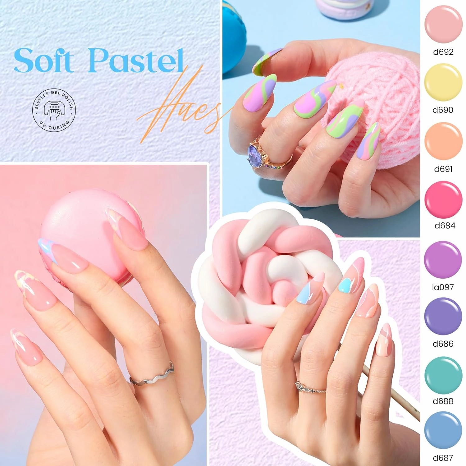 beetles Gel Polish Liner Nail Art Set, 50 Colors Spring Summer Reflective Glitter Pink Red Blue Green Silver Gel Polish Soak Off UV Built Thin Brush in Bottle Nail Design Polish Rainbow Nails