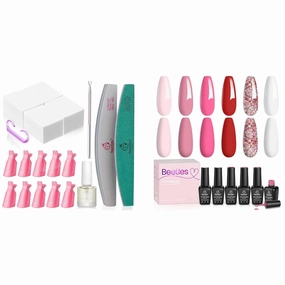 Beetles Gel Polish Remover Kit with 450 Pcs Lint Free Nail Wipes 10 Pcs Gel Polish Remover Clips 6 Colors Pink Gel Nail Polish Set