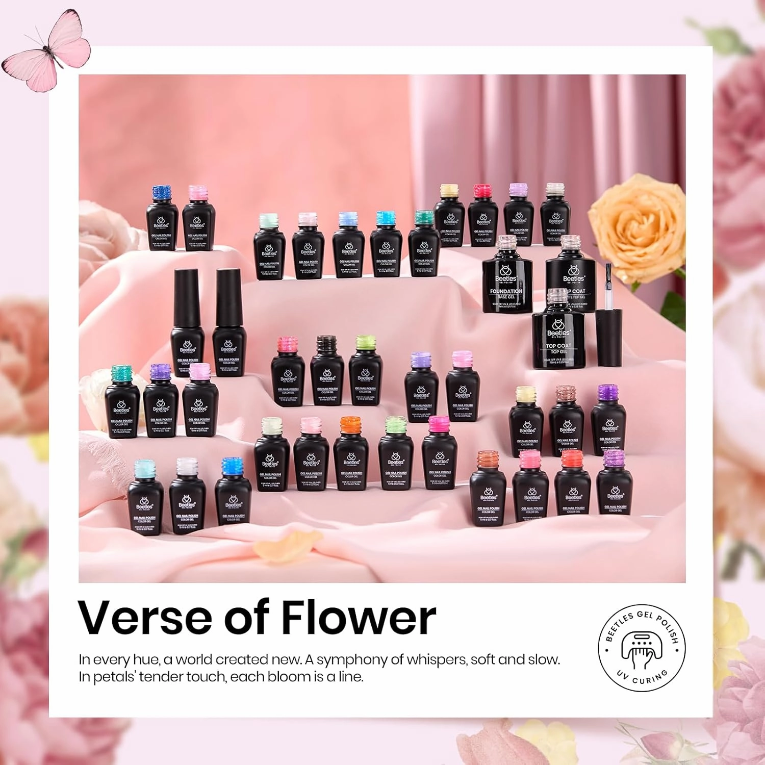 beetles Gel Polish Set 36 Colors Verse of Flower Collection Spring Summer Gel Nail Polish Pink Red Green Blue Gel Polish with 3Pcs Base Top Coat Soak off UV Gel & Nail Art Stickers Gifts for Women