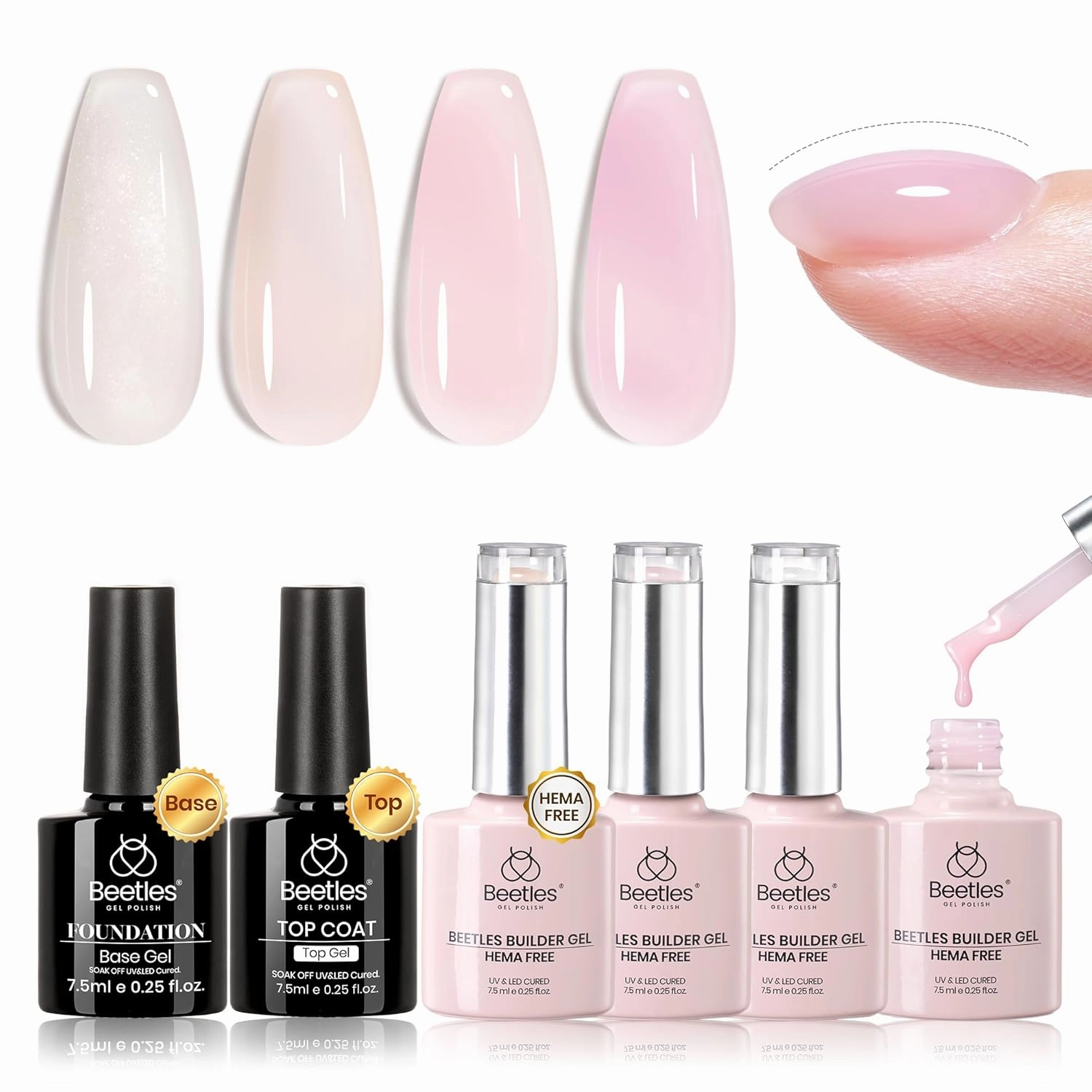 Beetles Hema Free Builder Gel Nail Kit 7-in-1 Jelly Nude Glitter Pink Builder Gel for Nails Strengthening & Extensions with Base & Top Coat Beginner-Friendly Beauty Gift Sets for Women