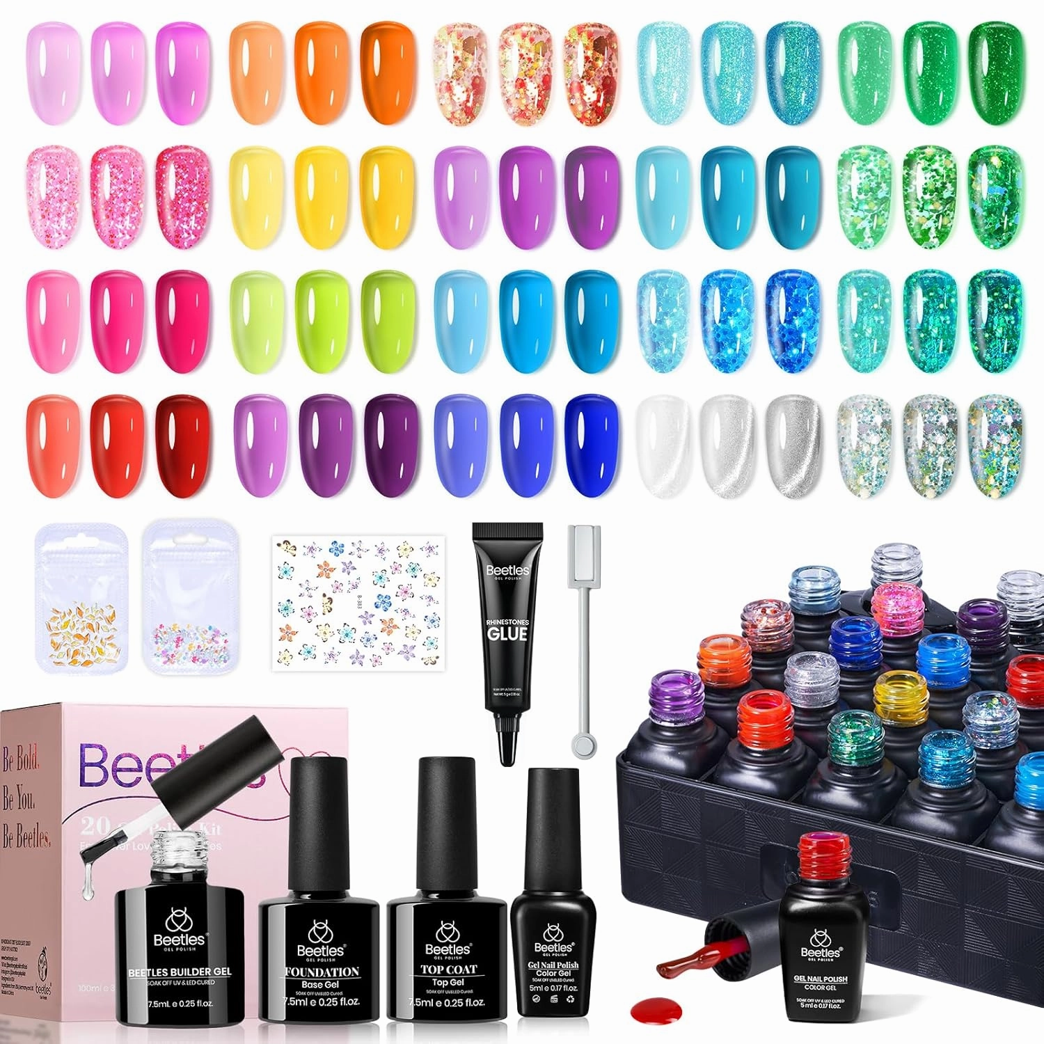 Beetles Neon Jelly Gel Nail Polish Kit,20 Colors Summer Cat Eye Glitter Soak Off UV LED Gel Nail Kit Pink Orange Blue Sunbeam Jelly with Base Matte Top Coat for DIY Nail Art Lovers & Professionals