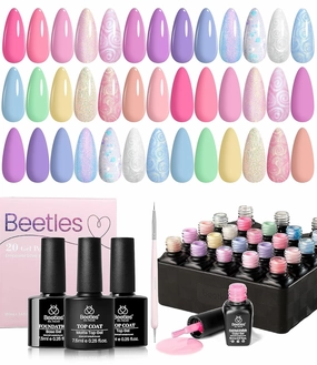 Beetles Summer Gel Nail Polish Set,24Pcs Pink Purple Pearl Pastel Blue Shimmer Chameleon Green Colors Gel Polish Kit, 3Pcs Base Top Coat and Double-ended Brush Soak off UV Nail Polish Gift for Women