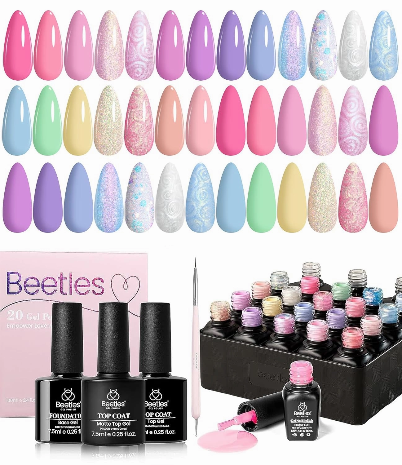 Beetles Summer Gel Nail Polish Set,24Pcs Pink Purple Pearl Pastel Blue Shimmer Chameleon Green Colors Gel Polish Kit, 3Pcs Base Top Coat and Double-ended Brush Soak off UV Nail Polish Gift for Women