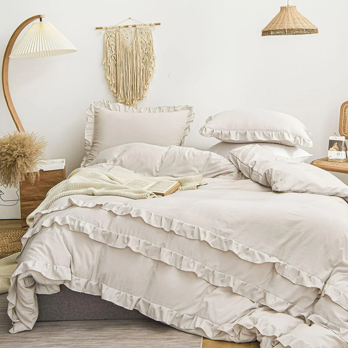 Beige Ruffle Duvet Cover Set Queen Size Farmhouse Ruffled Comforter Duvet Cover Boho Shabby Chic Bedding Set Neutral Solid Color Washed Microfiber Bedding with Zipper Closure Ultra Soft
