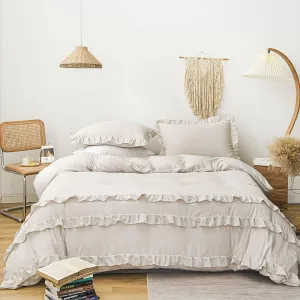 Beige Ruffle Duvet Cover Set Queen Size Farmhouse Ruffled Comforter Duvet Cover Boho Shabby Chic Bedding Set Neutral Solid Color Washed Microfiber Bedding with Zipper Closure Ultra Soft