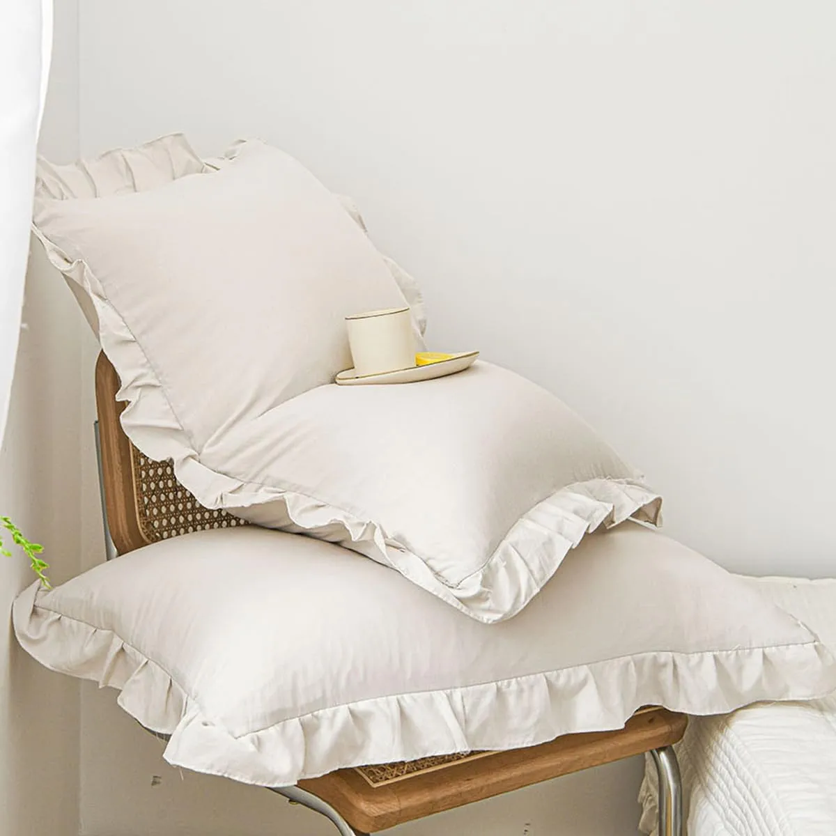 Beige Ruffle Duvet Cover Set Queen Size Farmhouse Ruffled Comforter Duvet Cover Boho Shabby Chic Bedding Set Neutral Solid Color Washed Microfiber Bedding with Zipper Closure Ultra Soft