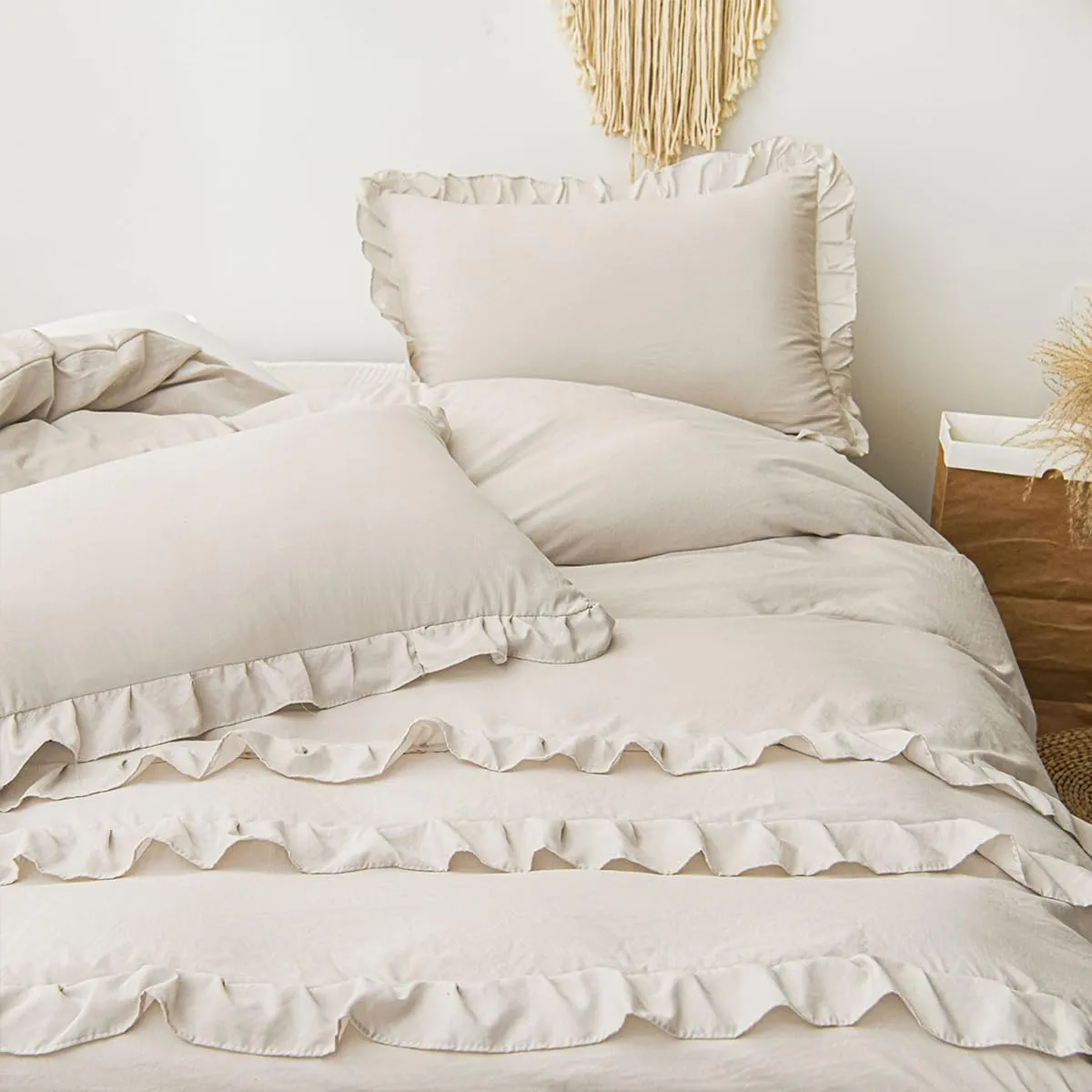 Beige Ruffle Duvet Cover Set Queen Size Farmhouse Ruffled Comforter Duvet Cover Boho Shabby Chic Bedding Set Neutral Solid Color Washed Microfiber Bedding with Zipper Closure Ultra Soft