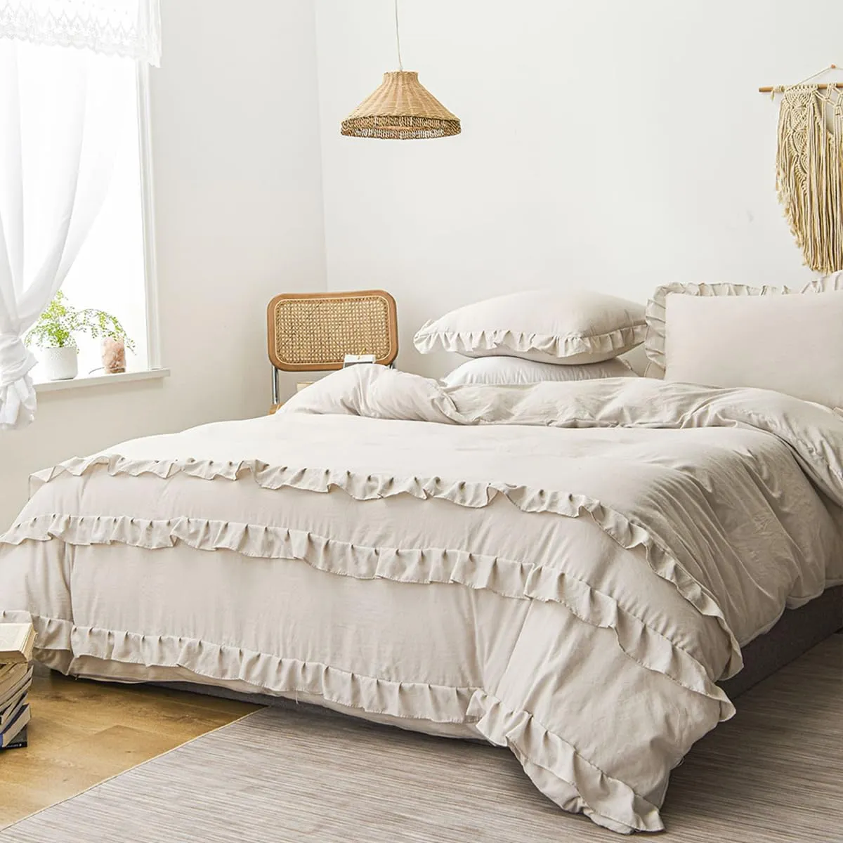 Beige Ruffle Duvet Cover Set Queen Size Farmhouse Ruffled Comforter Duvet Cover Boho Shabby Chic Bedding Set Neutral Solid Color Washed Microfiber Bedding with Zipper Closure Ultra Soft