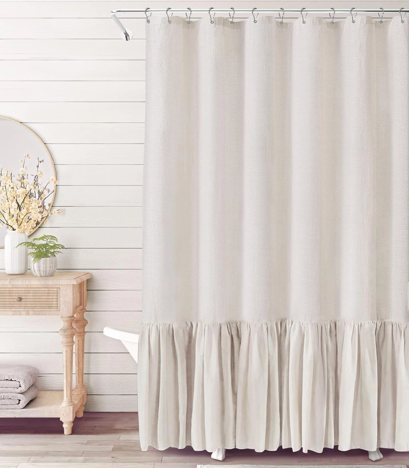 Beige Farmhouse Shower Curtain with A Ruffle Hem, Linen Shower Curtain for Bathroom, Natural,72"x72" 12 Hooks
