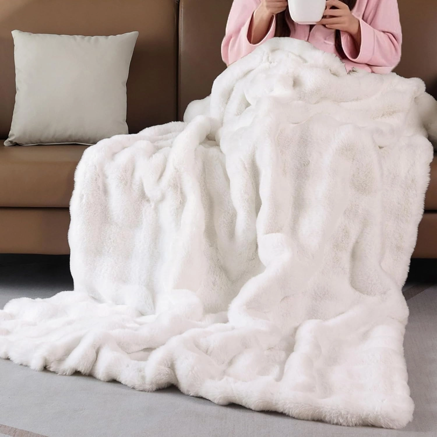Beige Faux Fur Cozy 50x60 Throw Blanket for Bed Couch Office Chair Bunny Fluffy Blanket for Adults Soft Thick Blanket Room Decor 860 GSM