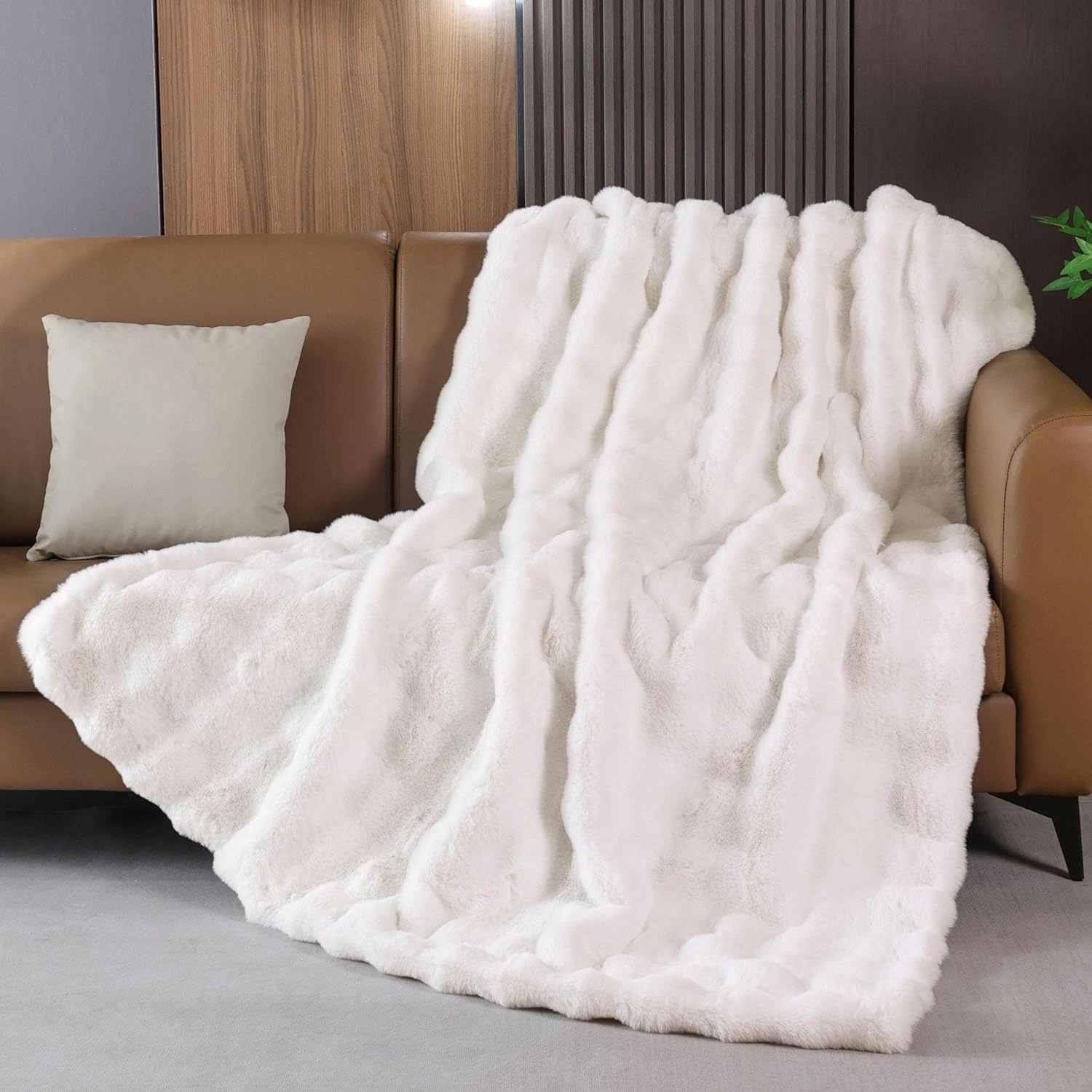 Beige Faux Fur Cozy 50x60 Throw Blanket for Bed Couch Office Chair Bunny Fluffy Blanket for Adults Soft Thick Blanket Room Decor 860 GSM