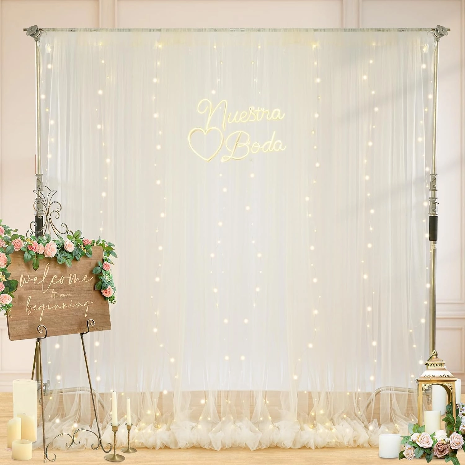 Beige Tulle Backdrop with Lights String 2 Panels 5×10ft Wedding Curtains Drapes for Party Bridal Shower Photo Booth Decor
