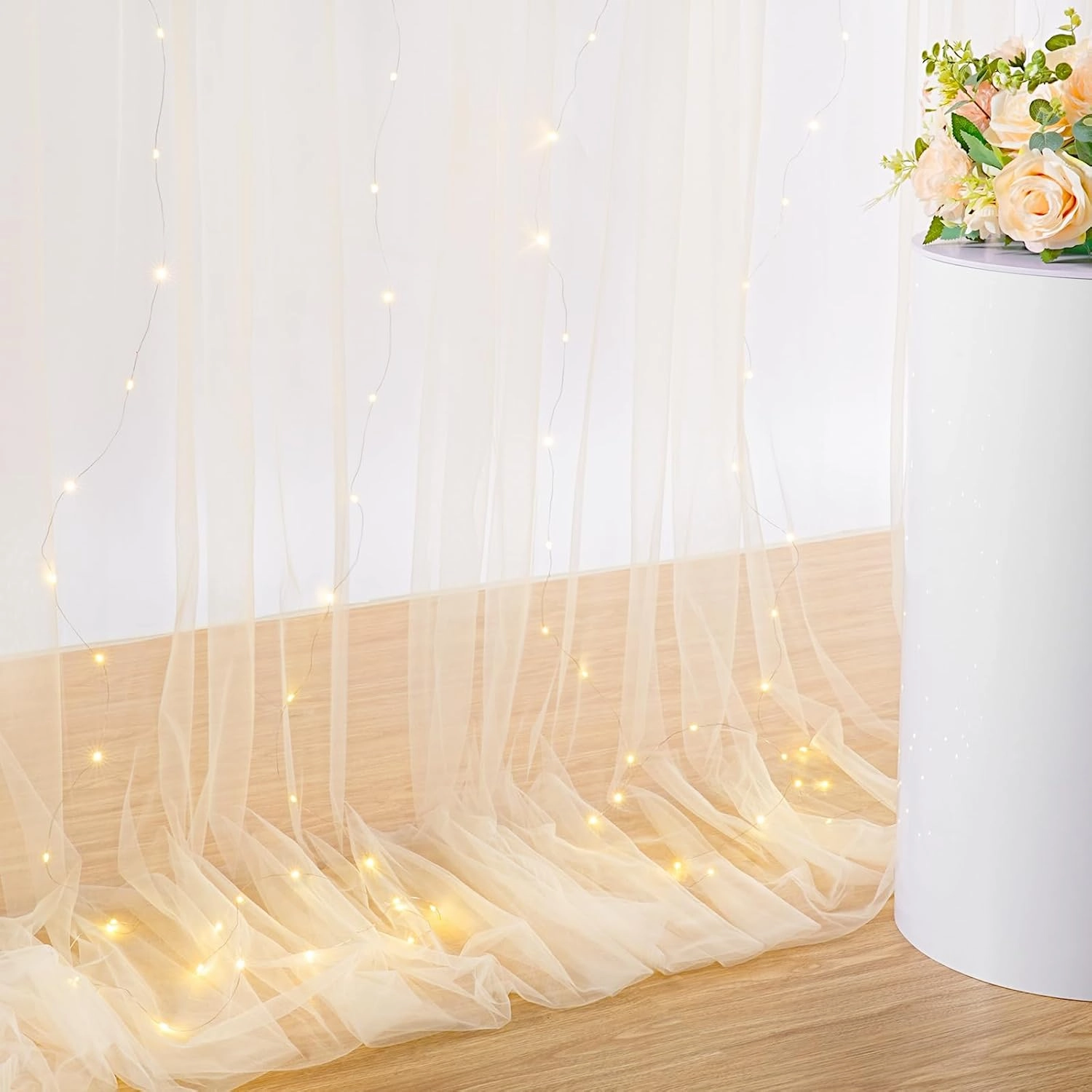 Beige Tulle Backdrop with Lights String 2 Panels 5×10ft Wedding Curtains Drapes for Party Bridal Shower Photo Booth Decor