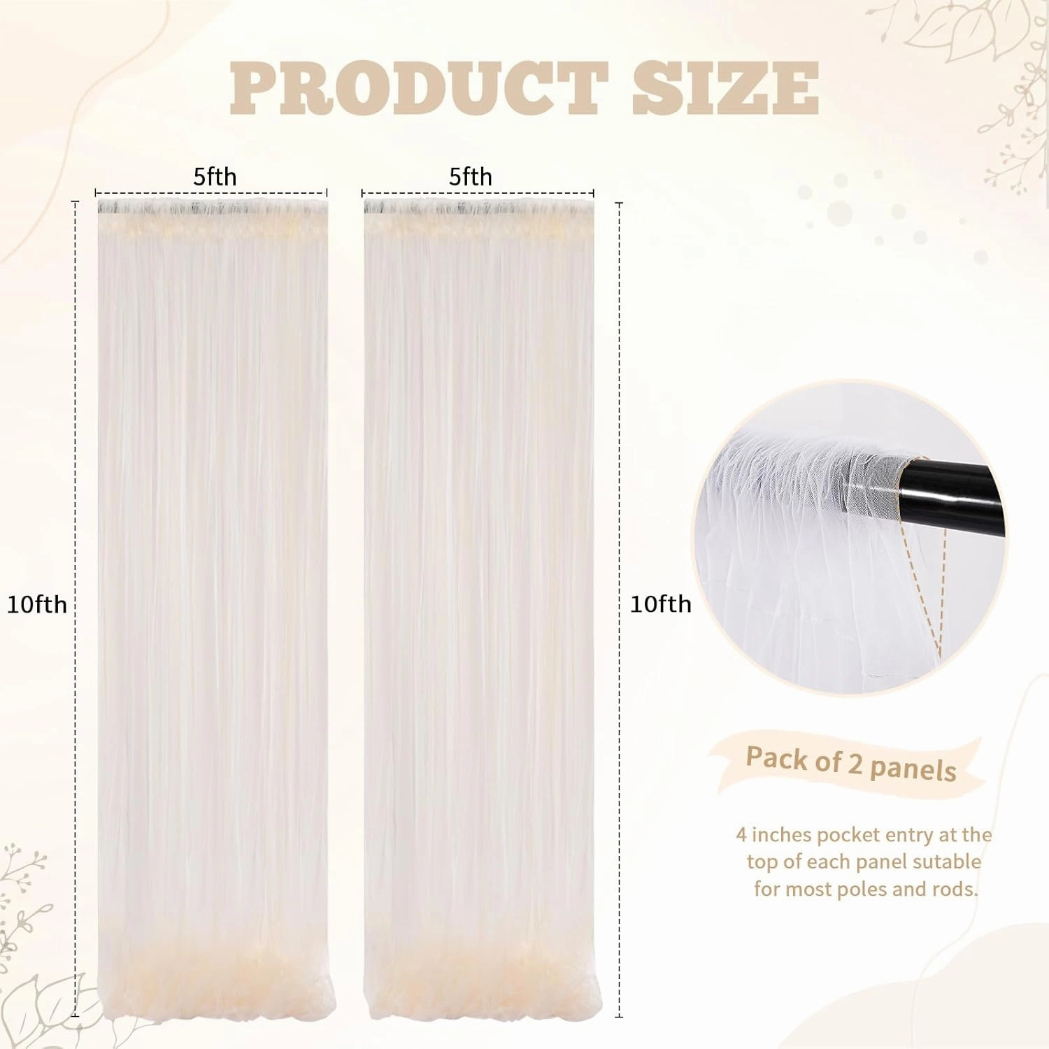 Beige Tulle Backdrop with Lights String 2 Panels 5×10ft Wedding Curtains Drapes for Party Bridal Shower Photo Booth Decor