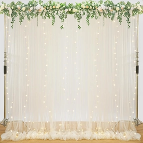 Beige Tulle Backdrop with Lights String 2 Panels 5×10ft Wedding Curtains Drapes for Party Bridal Shower Photo Booth Decor