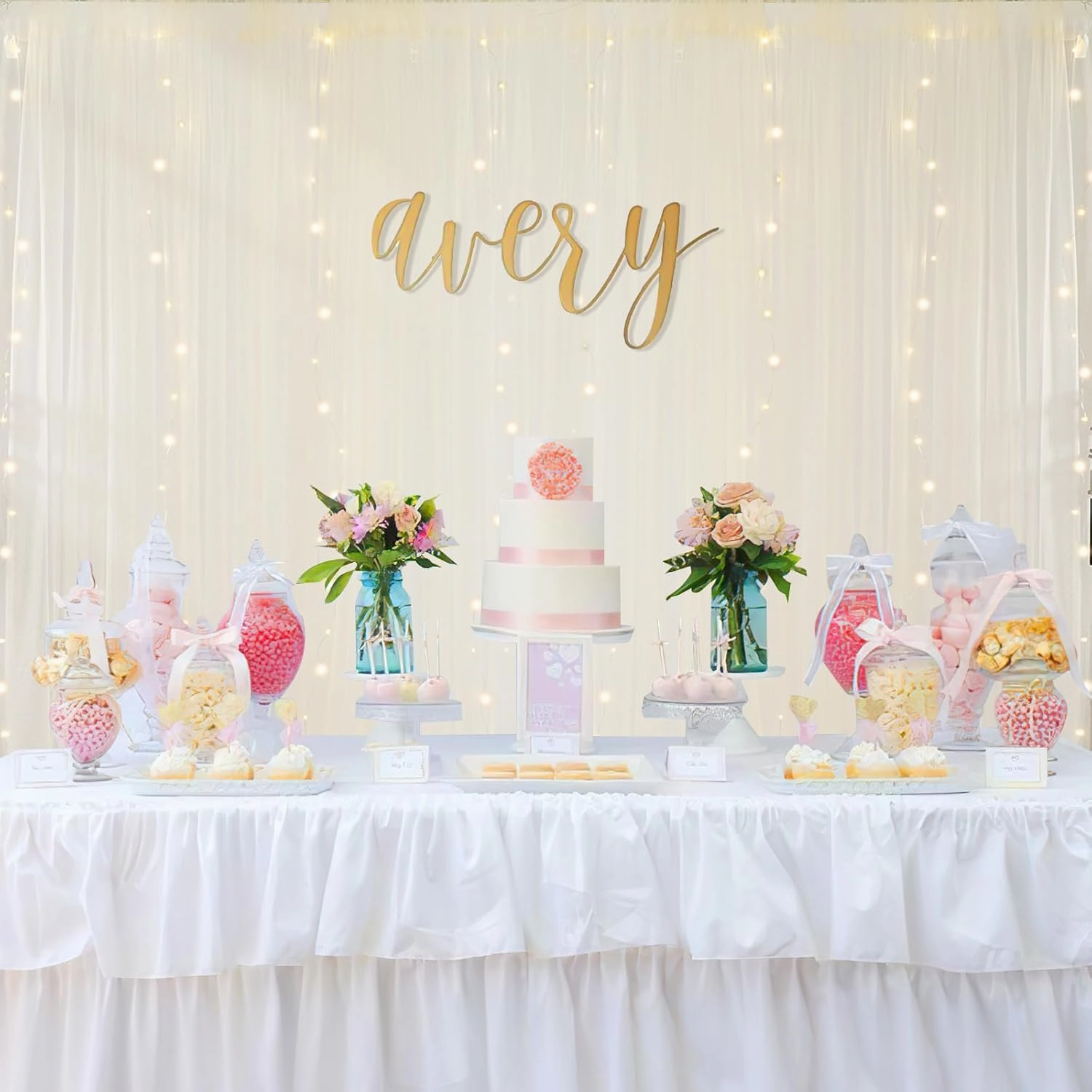 Beige Tulle Backdrop with Lights String 2 Panels 5×10ft Wedding Curtains Drapes for Party Bridal Shower Photo Booth Decor