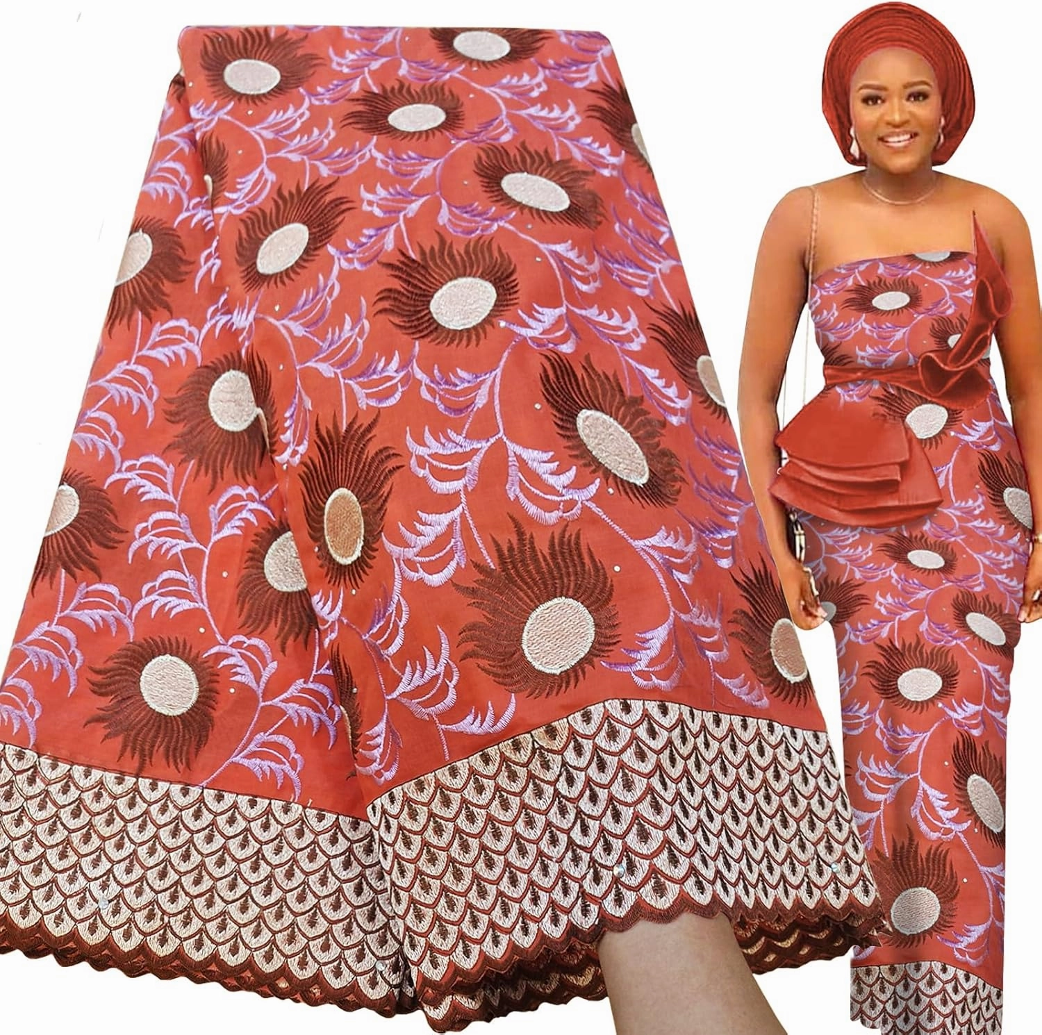 Bestway Rhinestones Embroidery Swiss Voile African Lace Fabric 5 Yards Nigerian Lace Fabric for Wedding Party Dress (Coral)