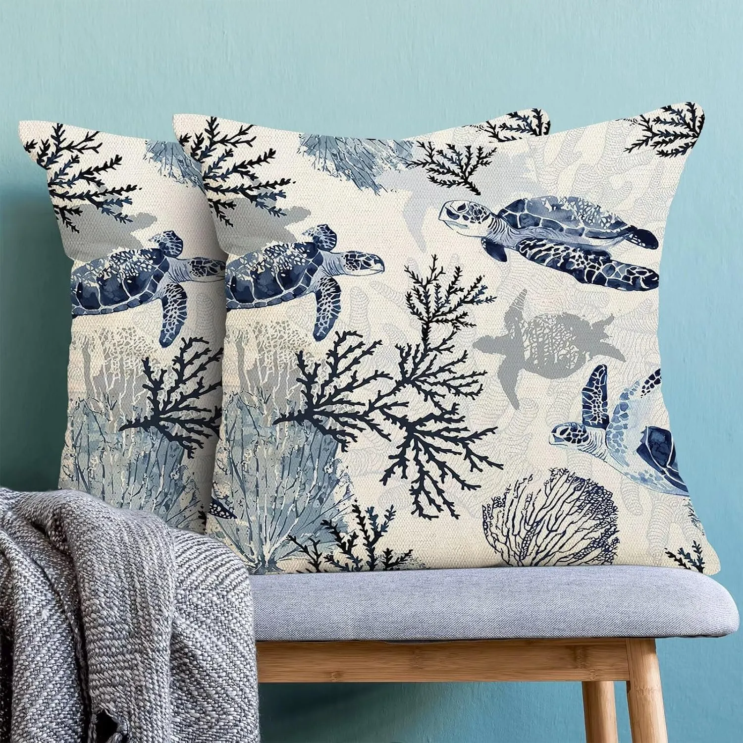 BETGINY Coastal Throw Pillow Cover 16 x 16 Inch Pack of 2, Beach Themed Blue Coral Sea Turtle Decorative Pillow Covers Square Linen Nautical Ocean Pillow Cases Cushion for Bedroom Home Sofa Decor