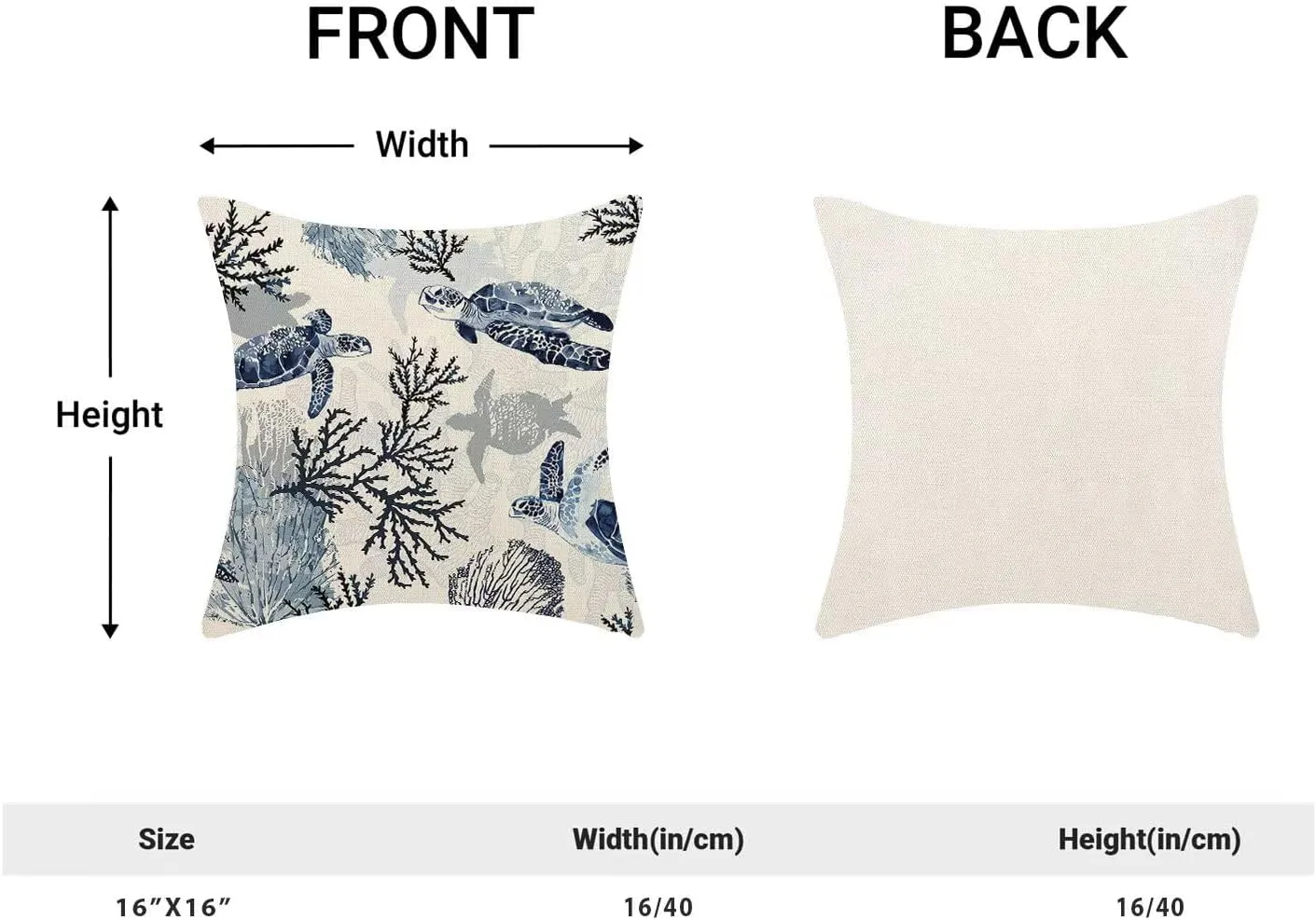BETGINY Coastal Throw Pillow Cover 16 x 16 Inch Pack of 2, Beach Themed Blue Coral Sea Turtle Decorative Pillow Covers Square Linen Nautical Ocean Pillow Cases Cushion for Bedroom Home Sofa Decor