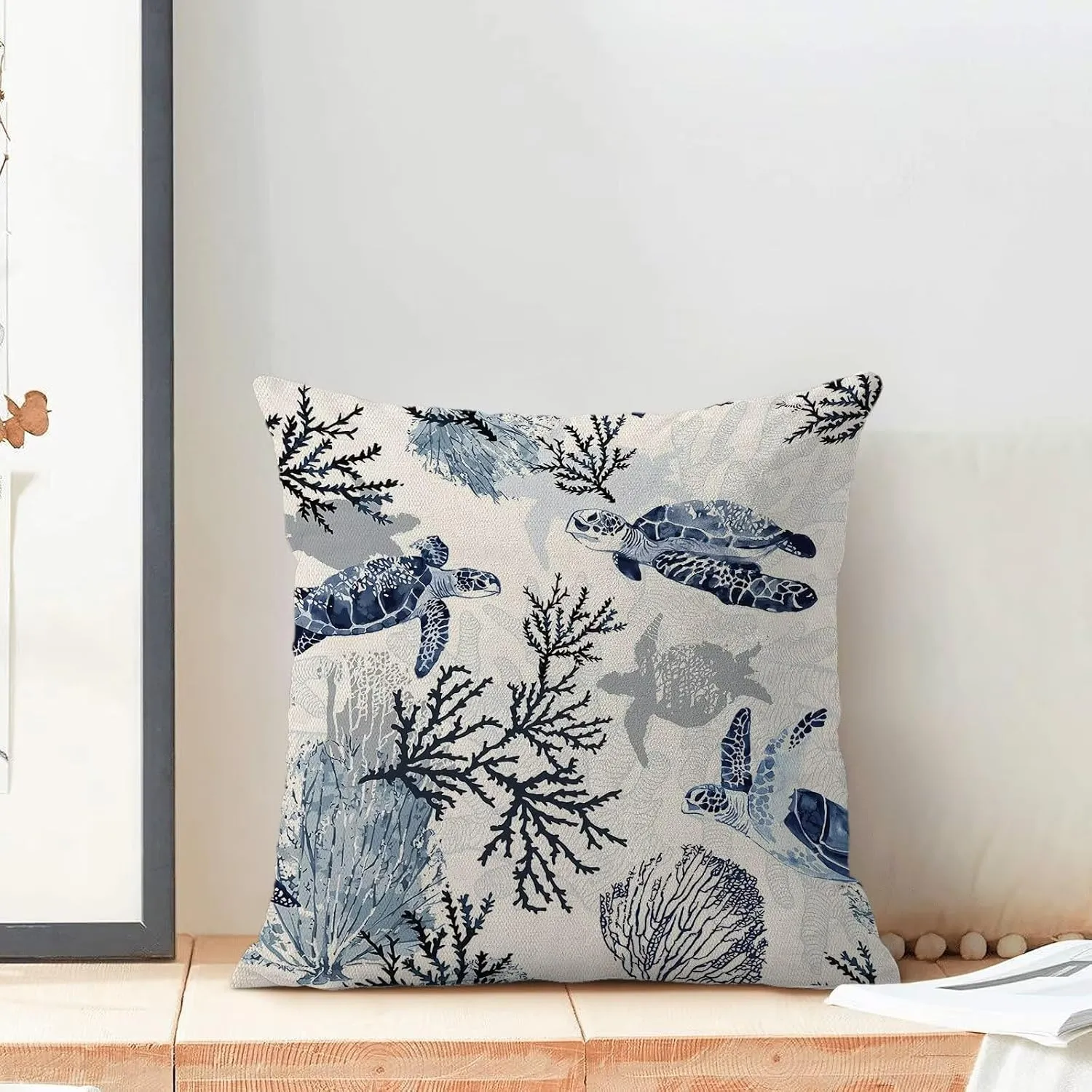 BETGINY Coastal Throw Pillow Cover 16 x 16 Inch Pack of 2, Beach Themed Blue Coral Sea Turtle Decorative Pillow Covers Square Linen Nautical Ocean Pillow Cases Cushion for Bedroom Home Sofa Decor