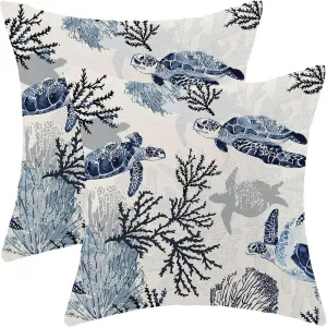 BETGINY Coastal Throw Pillow Cover 16 x 16 Inch Pack of 2, Beach Themed Blue Coral Sea Turtle Decorative Pillow Covers Square Linen Nautical Ocean Pillow Cases Cushion for Bedroom Home Sofa Decor