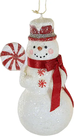 Bethany Lowe Snowman Ornament with Peppermint, Whimsical, Pink, Resin, Wire, Ribbon, Glitter, Christmas