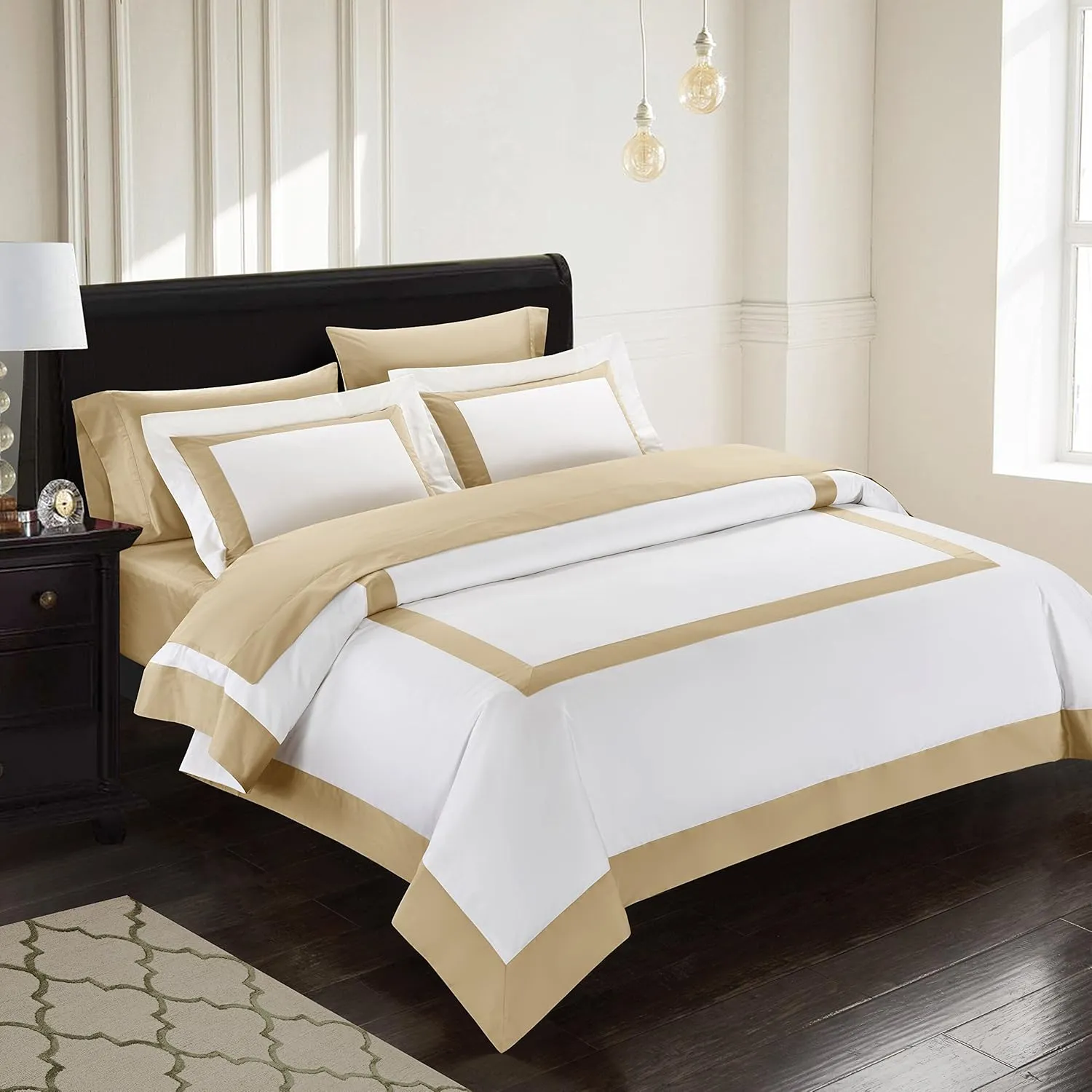 Bicolore Collection Duvet Covers Set 3 Pieces Do Not Include Filling ClassIC European 100% Egyptian Cotton Sateen Luxury 400 Thread Count Frame Patchwork Manufacturing(White/Beige,Queen)