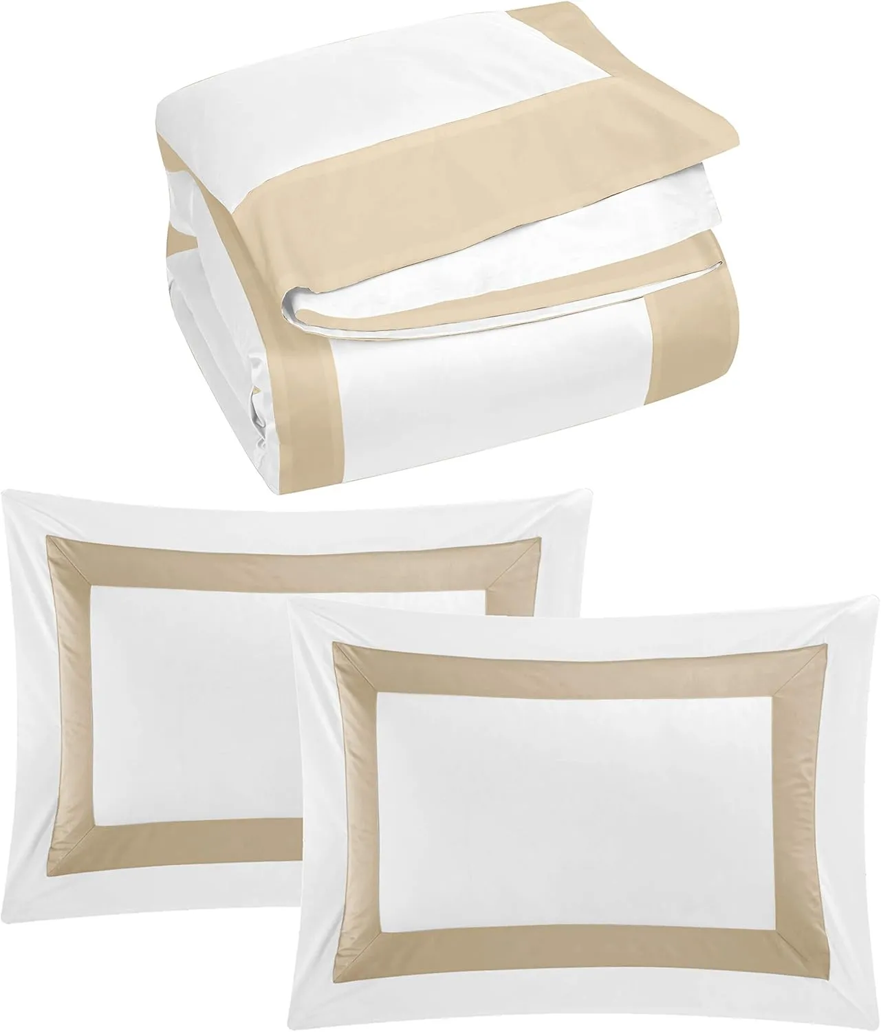Bicolore Collection Duvet Covers Set 3 Pieces Do Not Include Filling ClassIC European 100% Egyptian Cotton Sateen Luxury 400 Thread Count Frame Patchwork Manufacturing(White/Beige,Queen)
