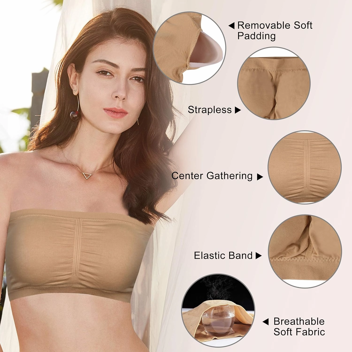 BINACL Women's Bandeau Bralette, Summer Strapless Removable Padded Seamless Basic Layer Tube Top Bra 2/3 Packs