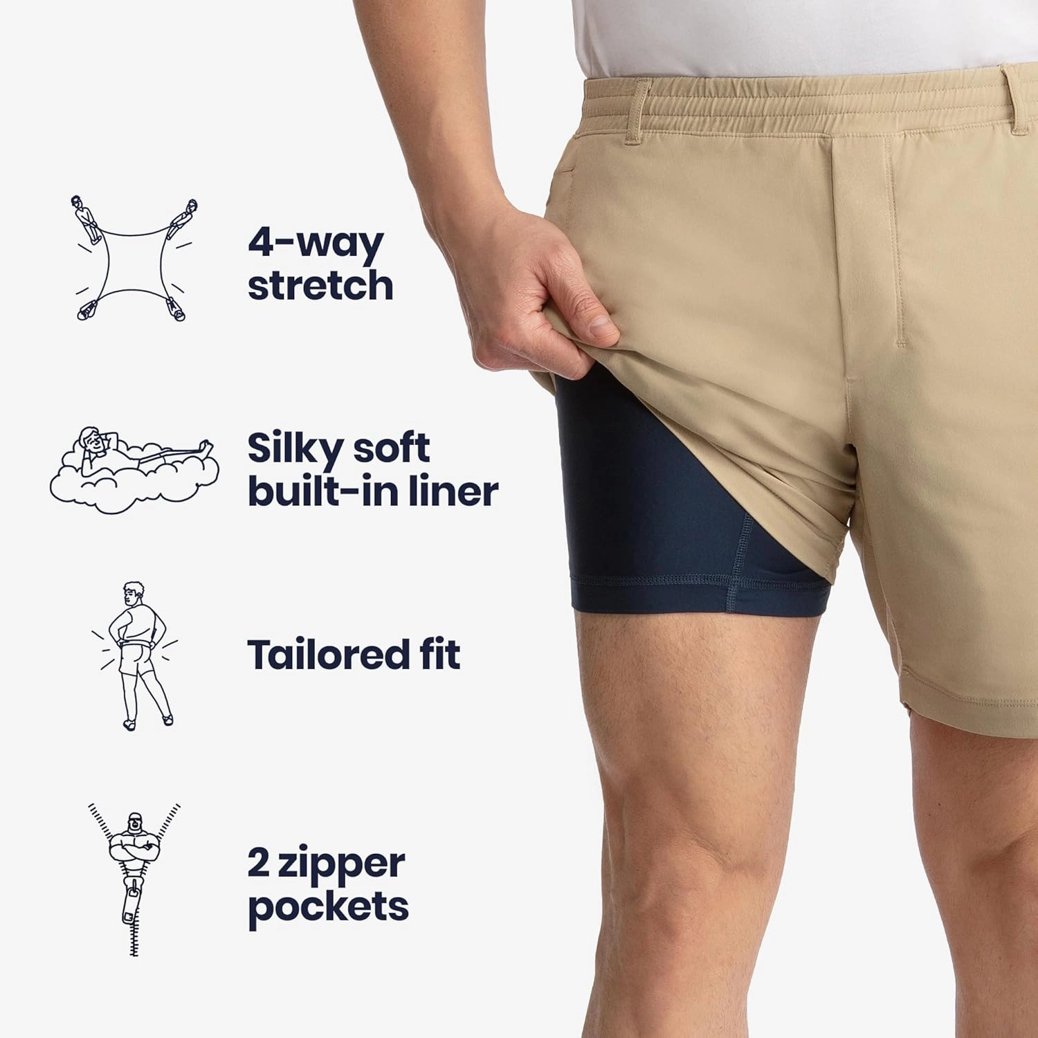 birddogs Mens Khaki Shorts – Casual, Slim Fit, Stretch Shorts with Built-in Liner for Comfort – Regular Length, 7” Inseam