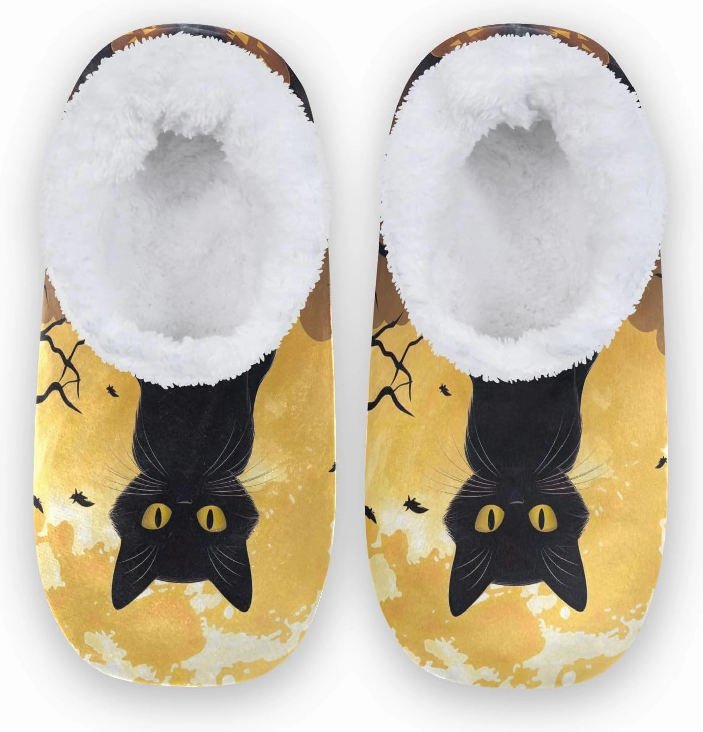 Black Cat Moon Fuzzy Memory Foam Closed Back Slippers for Women Men Knit Fleece Lined House Shoes with Anti-Skid Sole Household Slippers for Hotel Indoor Outdoor Bedroom