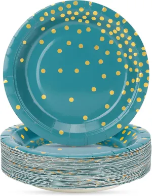 Blue Green Gold Paper Plates,100 Pack Gold Dots Party Paper Plates,Disposable Party Supplies Dessert Plate for Father's Day,Independence Day,Birthday,Picnics(7Inch)