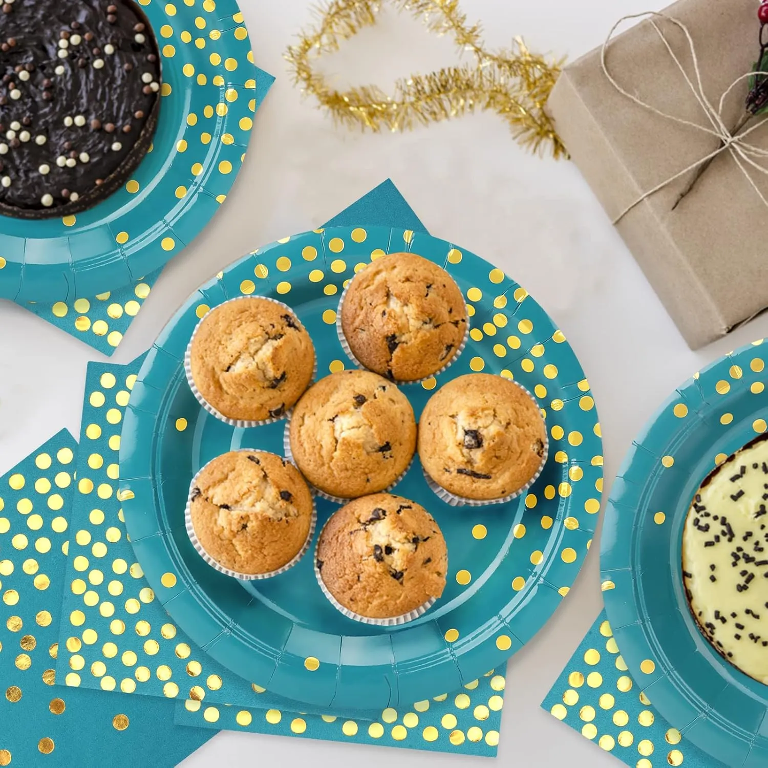 Blue Green Gold Paper Plates,100 Pack Gold Dots Party Paper Plates,Disposable Party Supplies Dessert Plate for Father's Day,Independence Day,Birthday,Picnics(7Inch)