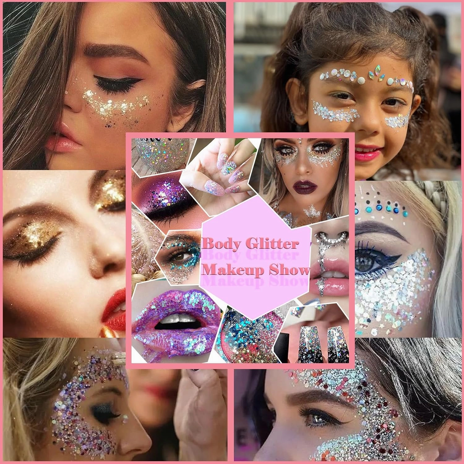 Body Glitter Face Glitter Gel: Singer Concerts Disco Festival Rave Accessories Face Glitter Makeup 150ml Chunky Sequins Mermaid Face Body Hair Glitter Gel (White&Pink&Gold&Green&Red)
